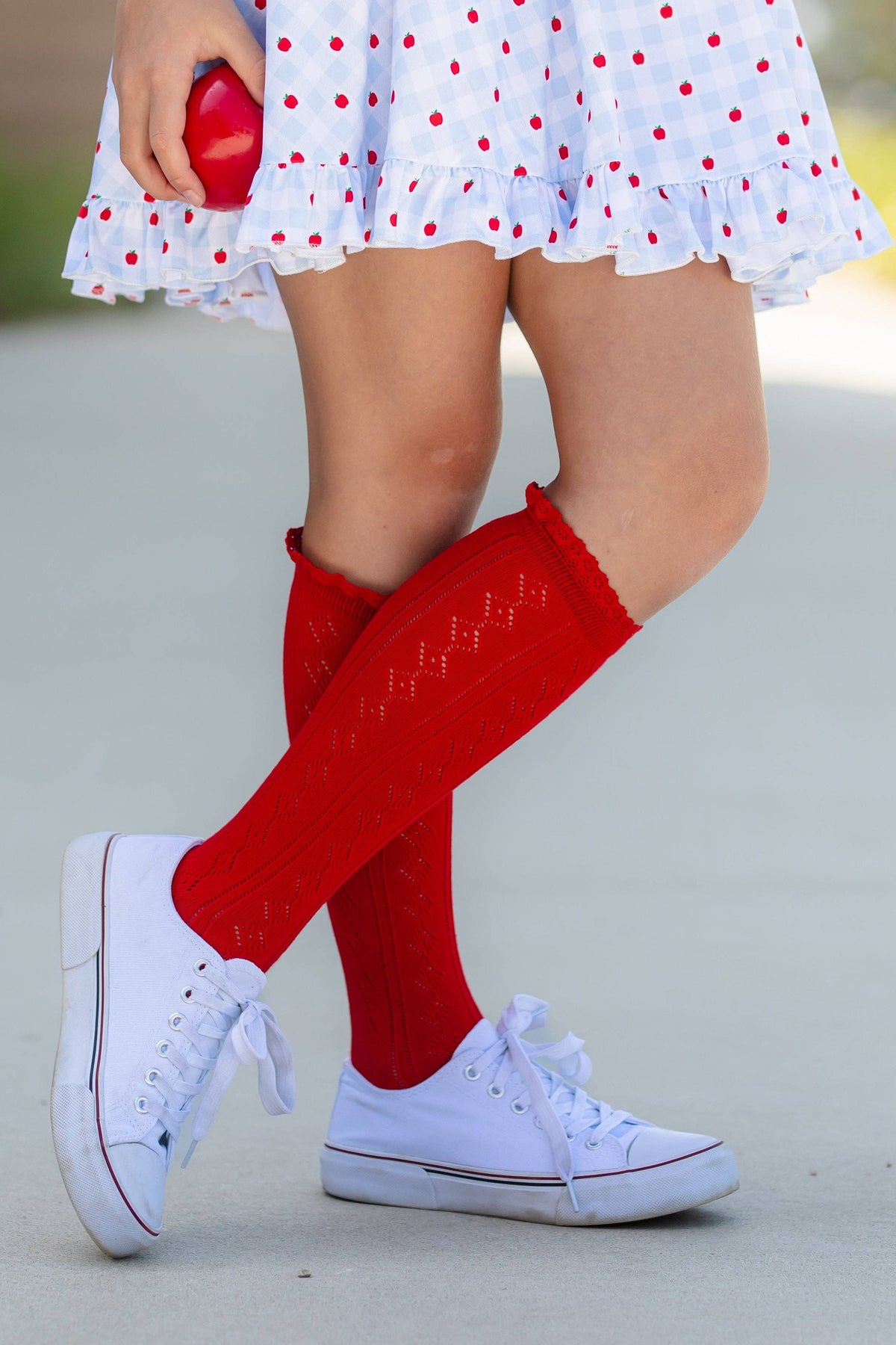Bright Red Fancy Lace Top Knee High Socks