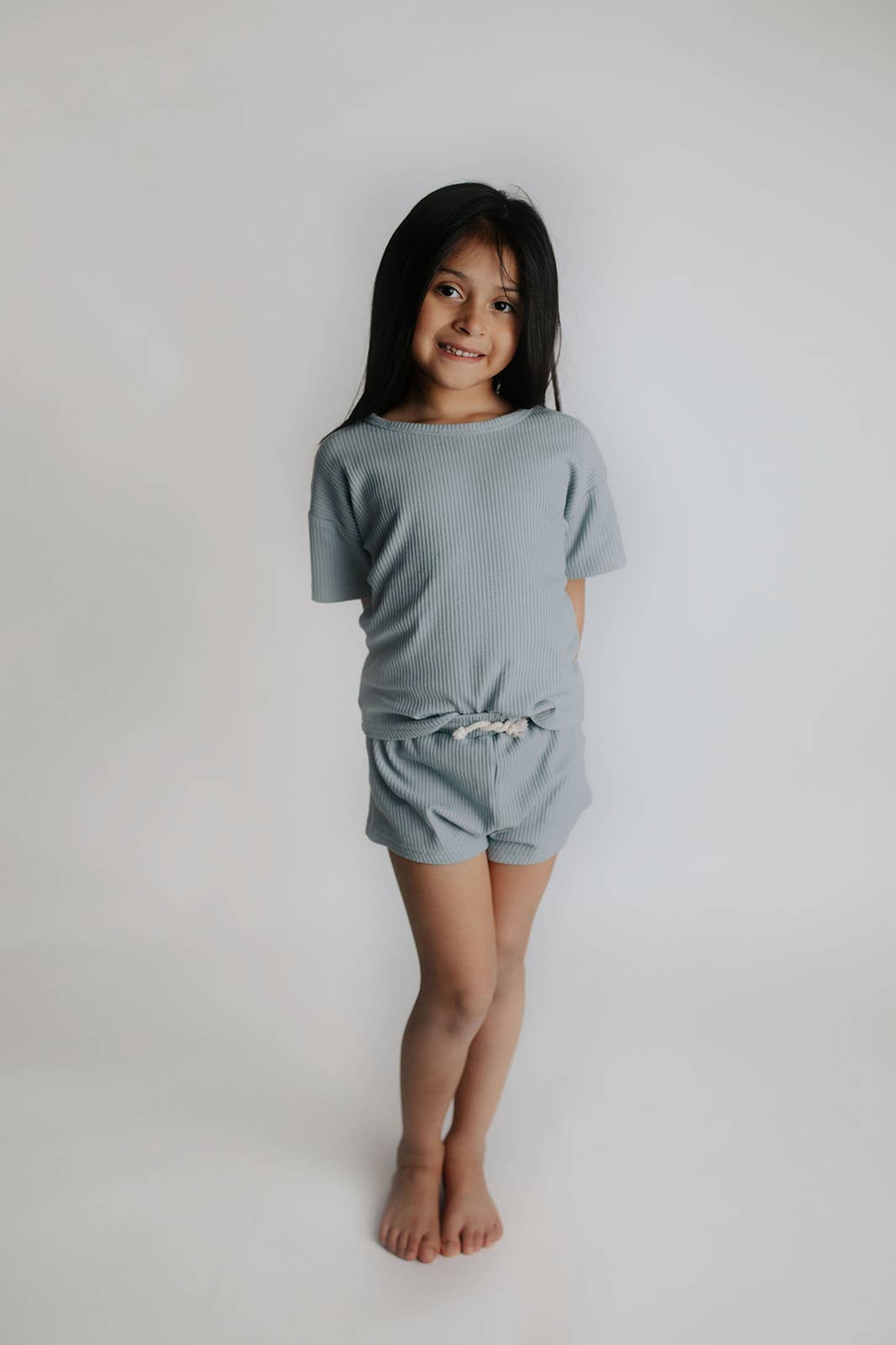 Dusty Blue Waffle Knit Shorts Set