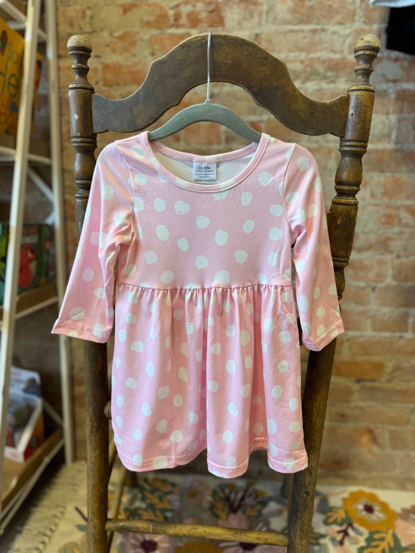 Pink Polka Dot Long Sleeve Twirl Dress
