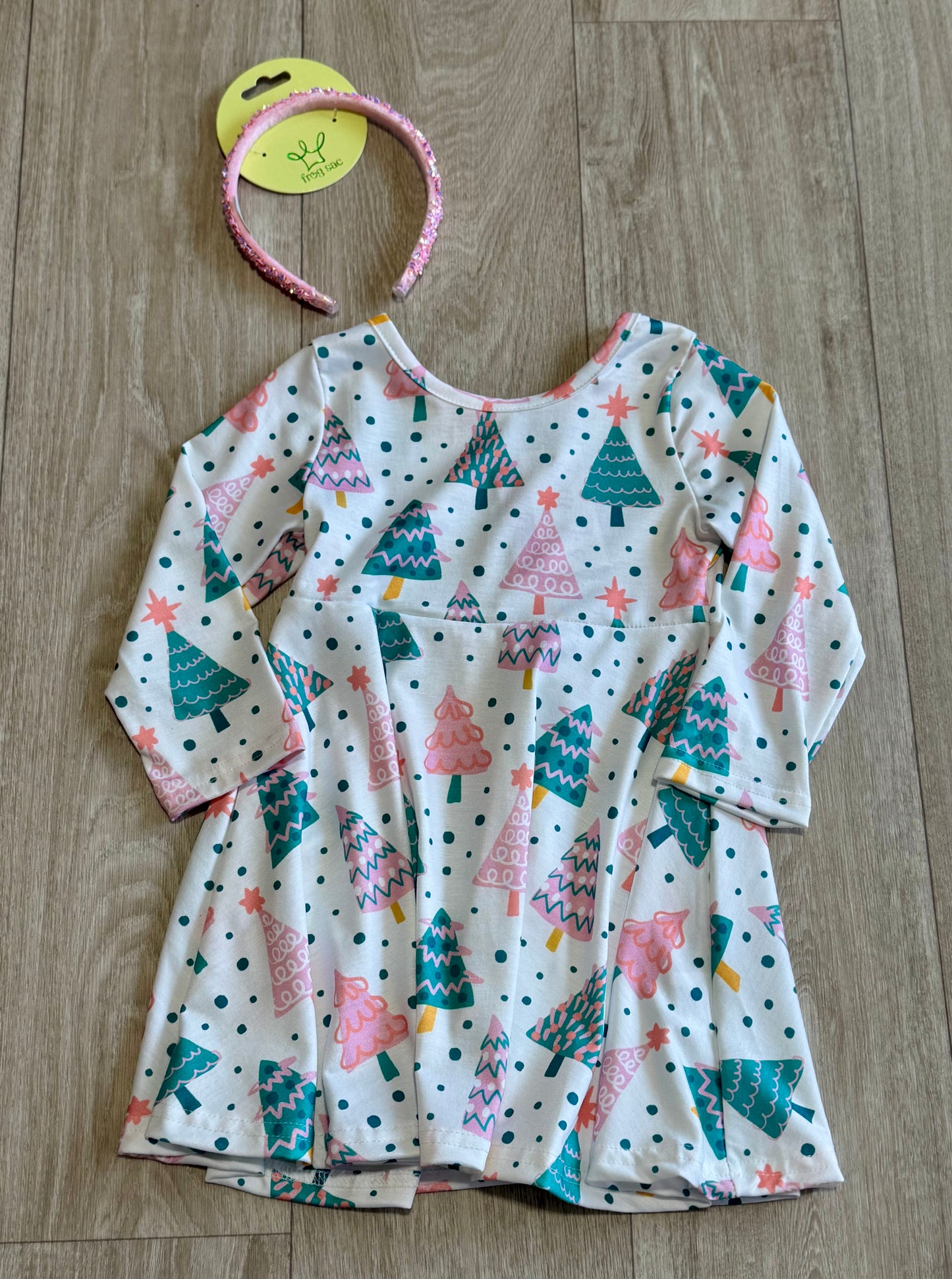 Pink & Green Christmas Tree Twirl Dress