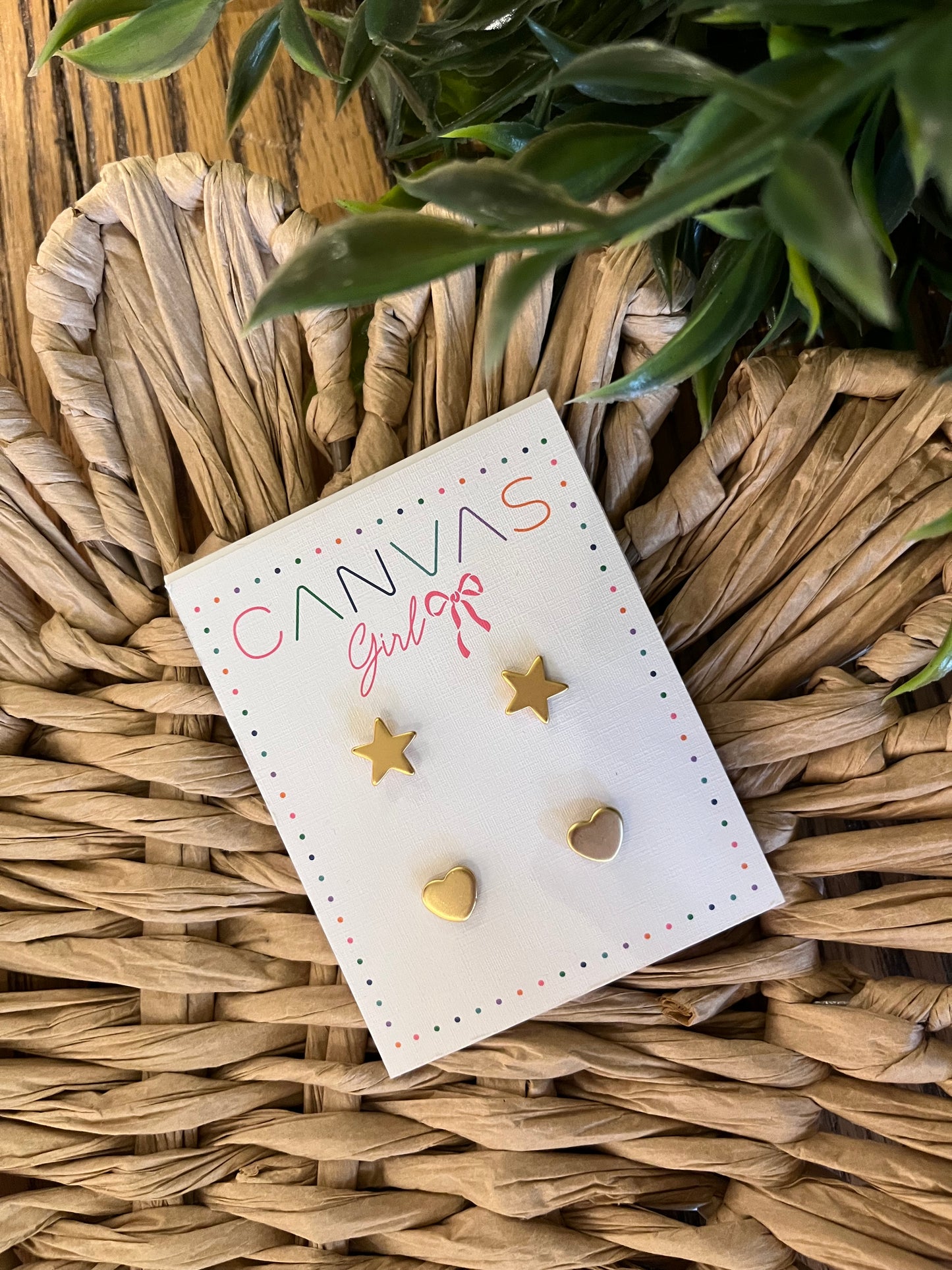 Star & Heart Stud Earrings - Worn Gold