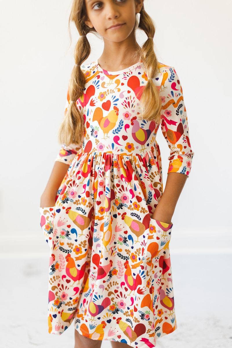 Little Hen 3/4 sleeve twirl dress with pockets by Mila & Rose