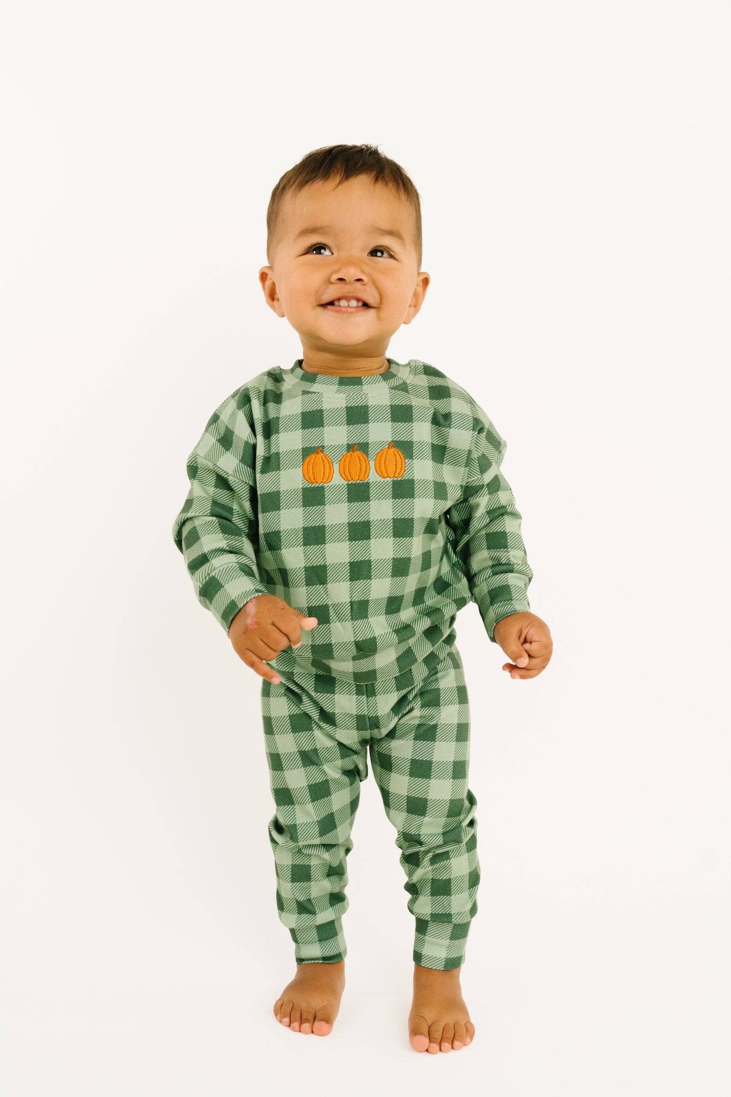 Green Gingham Embroidered Pumpkin Set