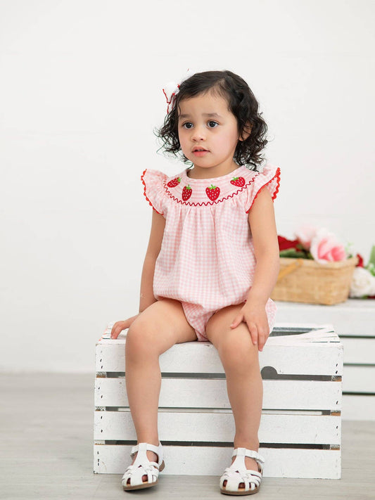 Strawberry Embroidered Plaid Smocked Romper