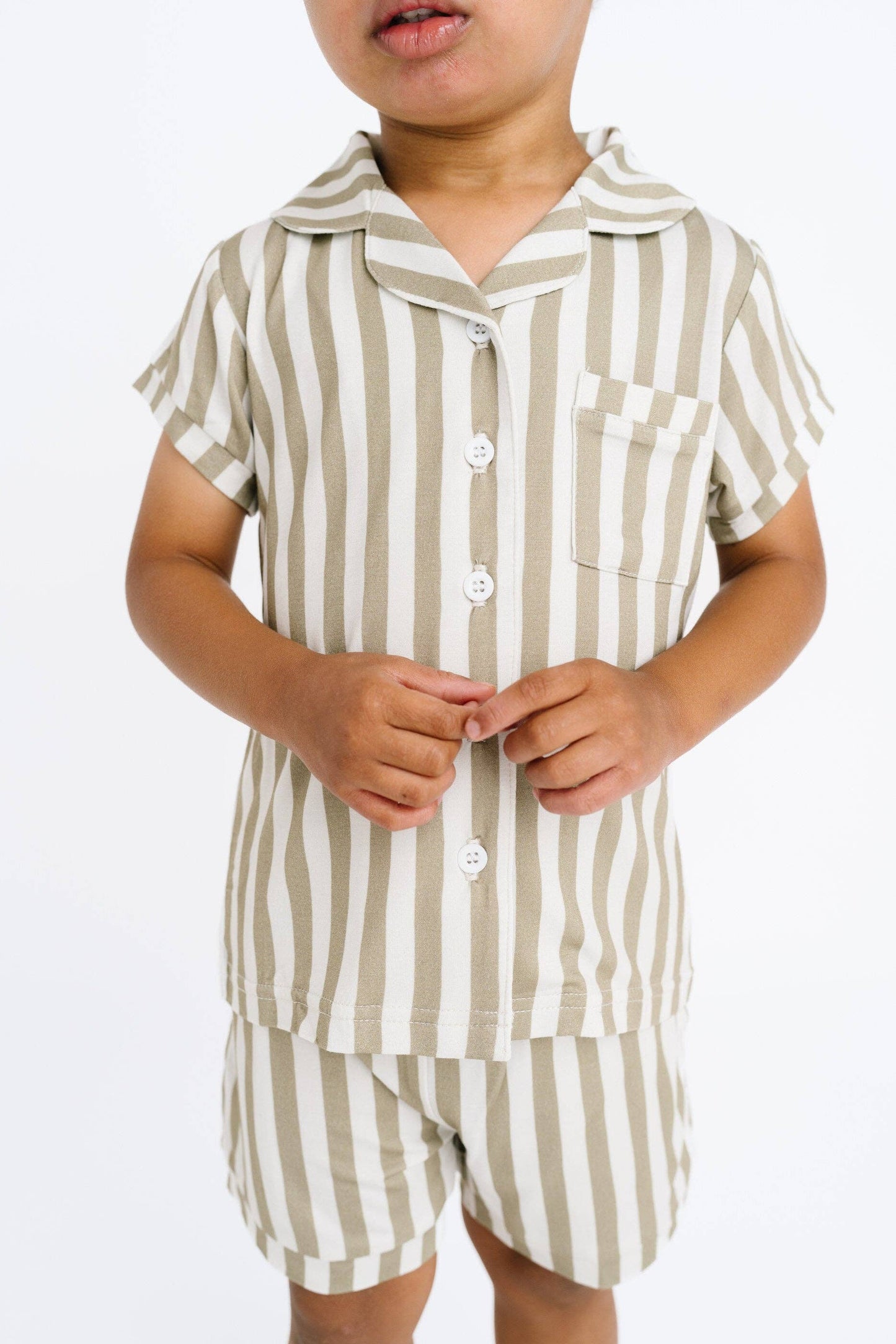 Olive Stripe Bamboo Button Up Short Set