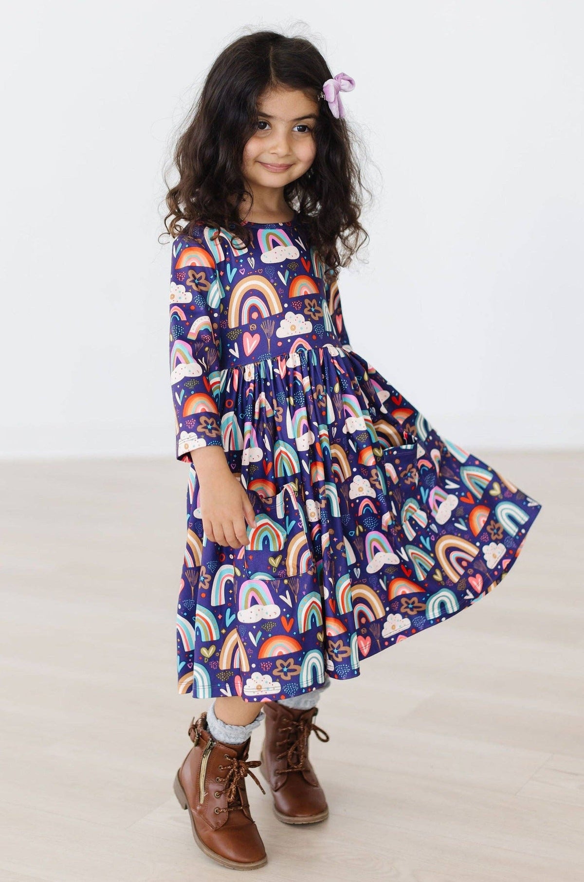Midnight Rainbow 3/4 sleeve pocket twirl dress by Mila & Rose