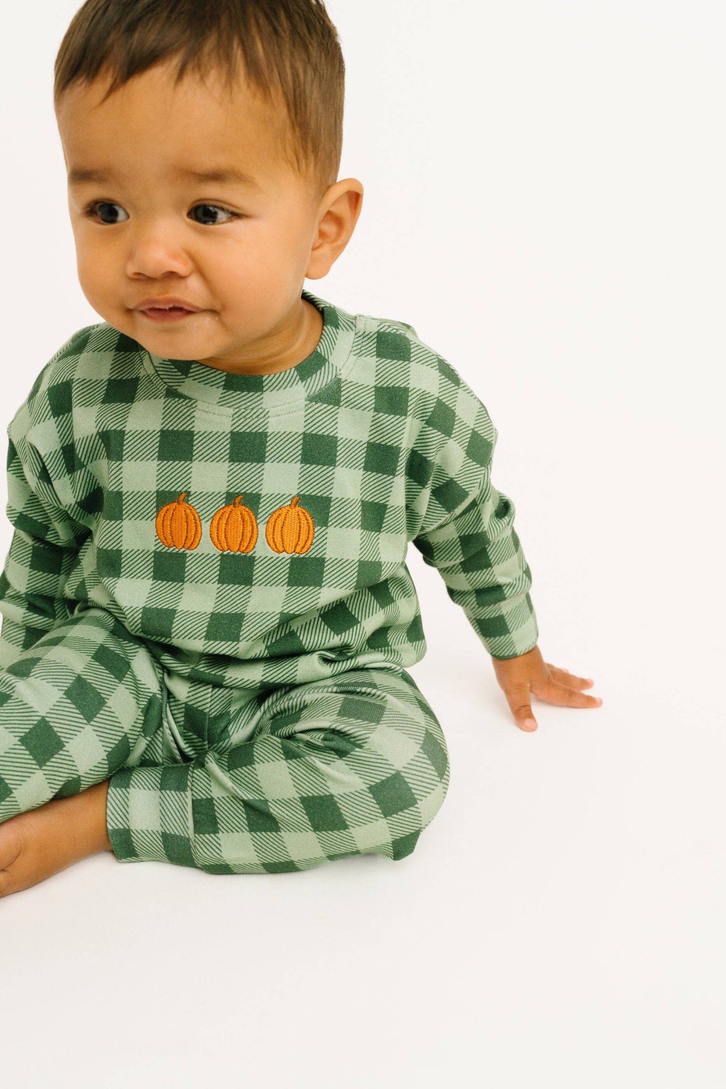 Green Gingham Embroidered Pumpkin Set