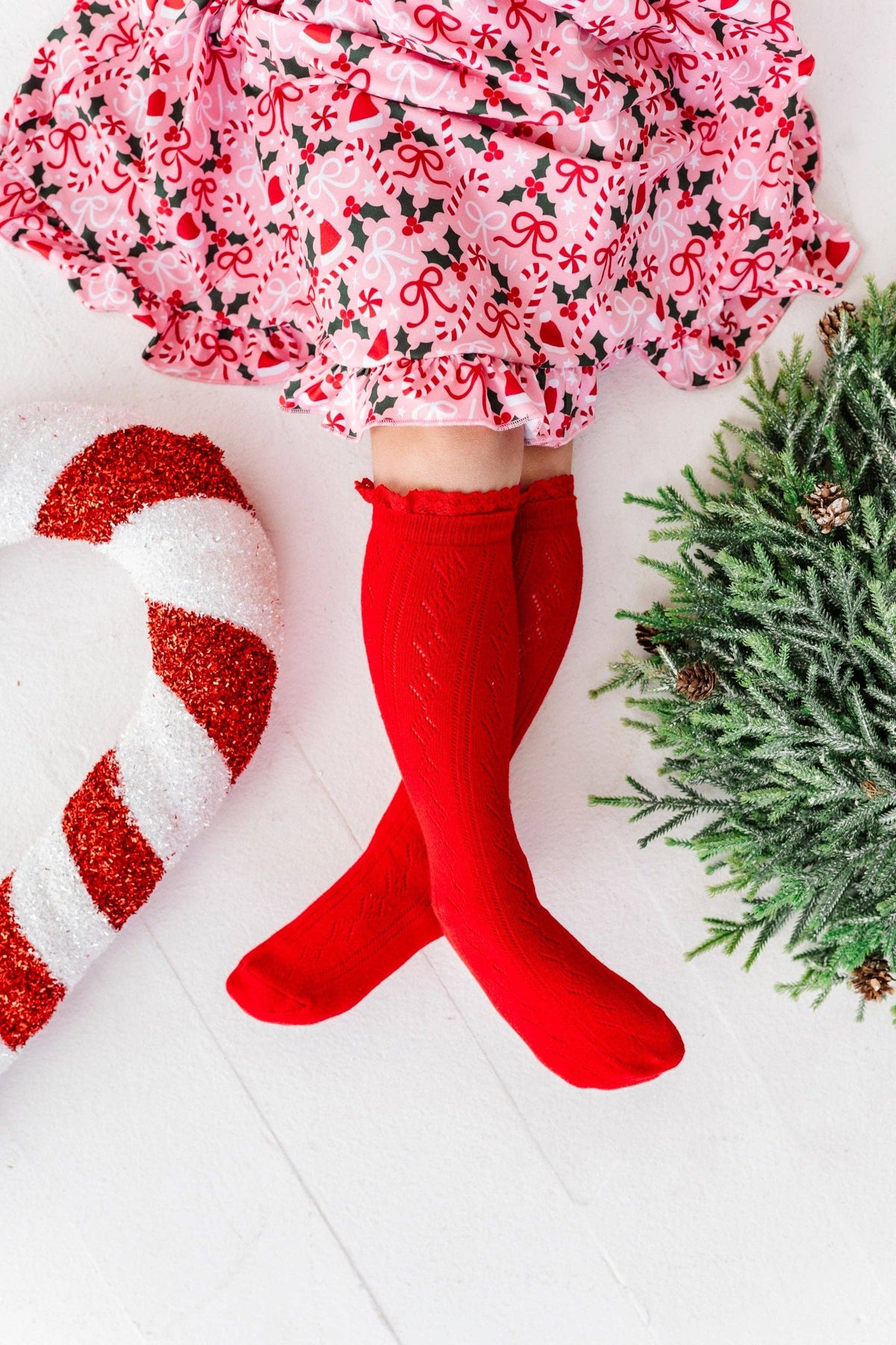 Bright Red Fancy Lace Top Knee High Socks