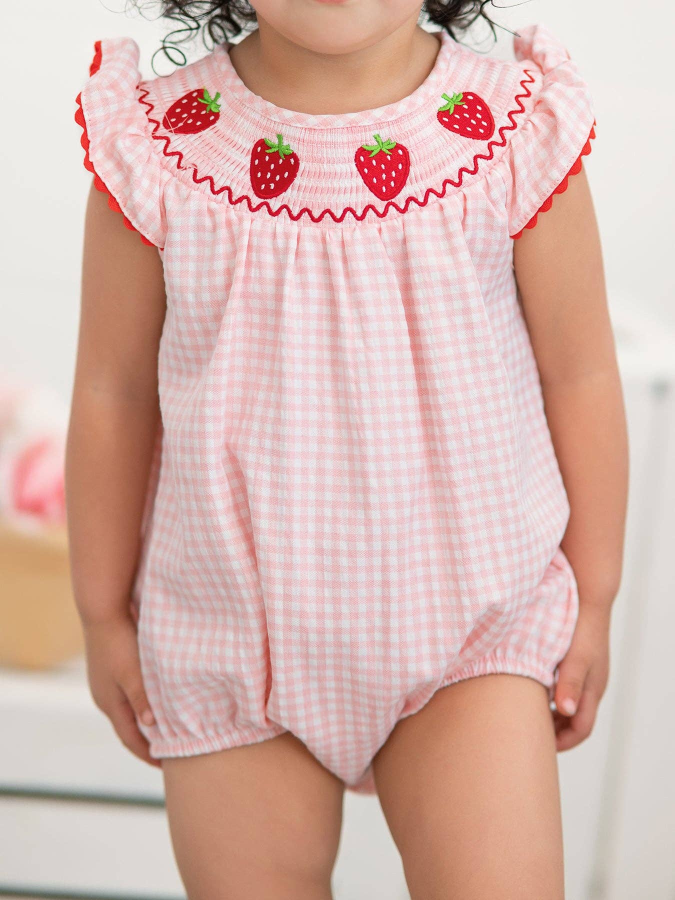 Strawberry Embroidered Plaid Smocked Romper