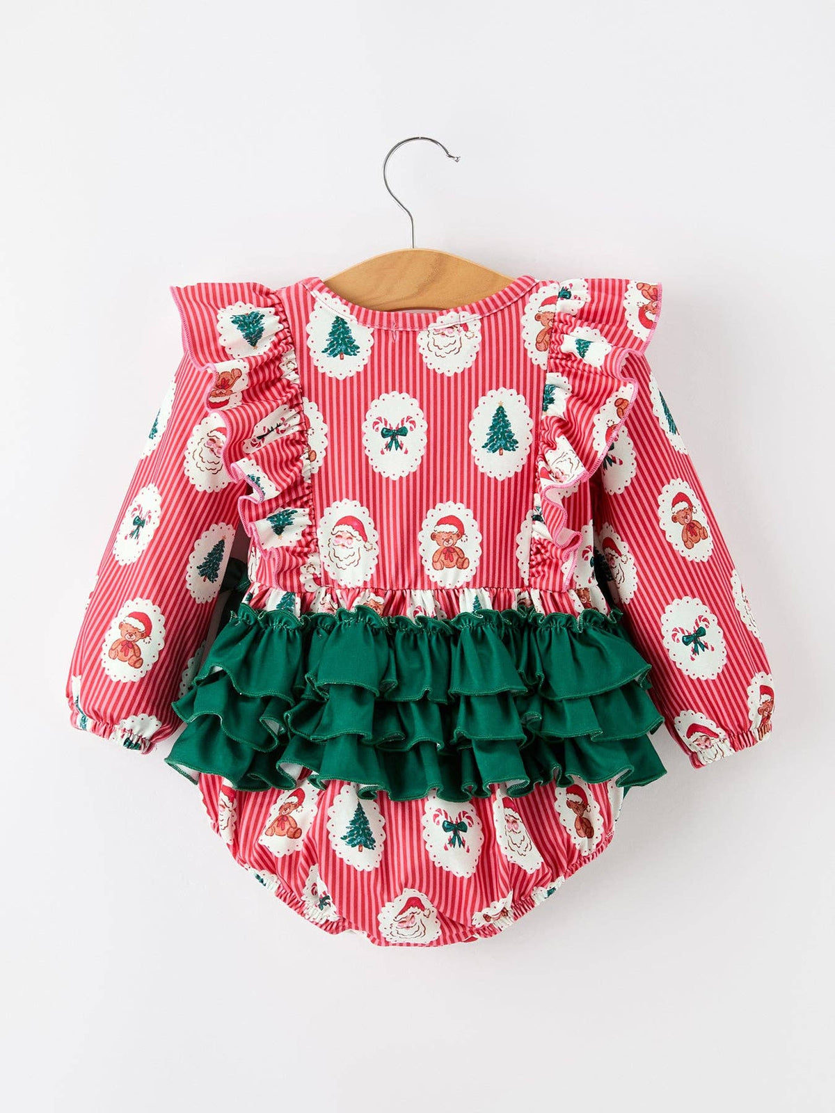Christmas Santa print ruffle bubble romper with green bows for baby girls