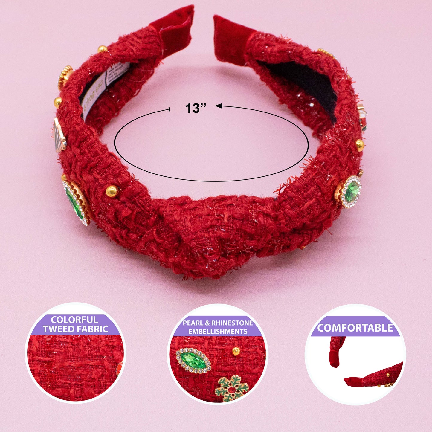 Christmas Embellished Tweed Knot Headband