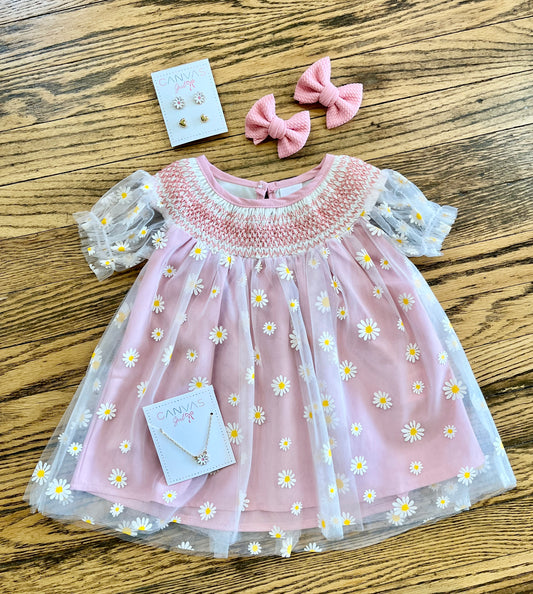 Smocked Daisy Tulle Dress - Pink