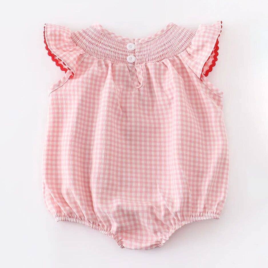Strawberry Embroidered Plaid Smocked Romper