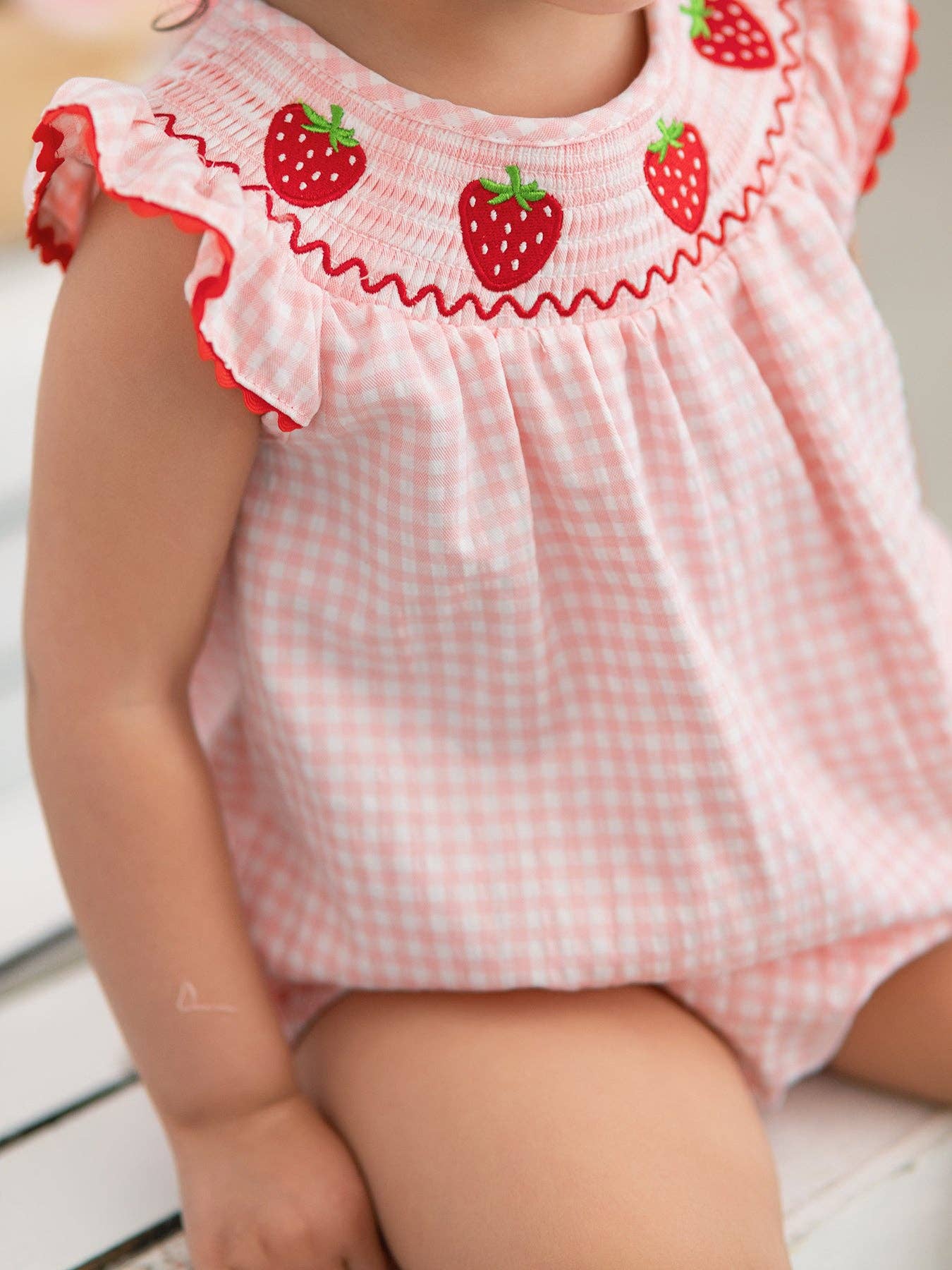 Strawberry Embroidered Plaid Smocked Romper