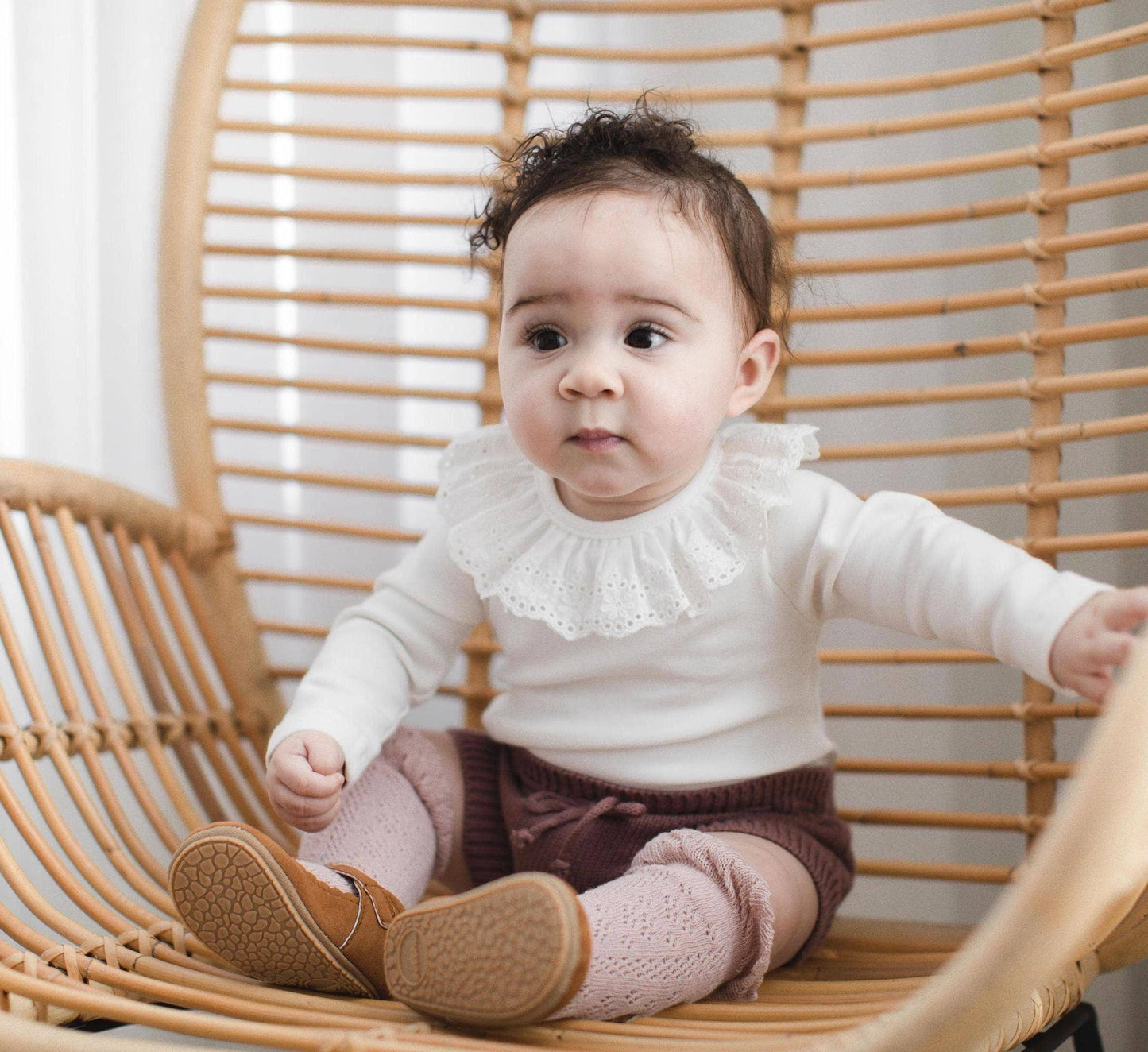 White Ruffle Collared Long Sleeve Body Suit