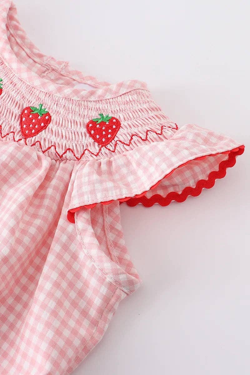 Strawberry Embroidered Plaid Smocked Romper
