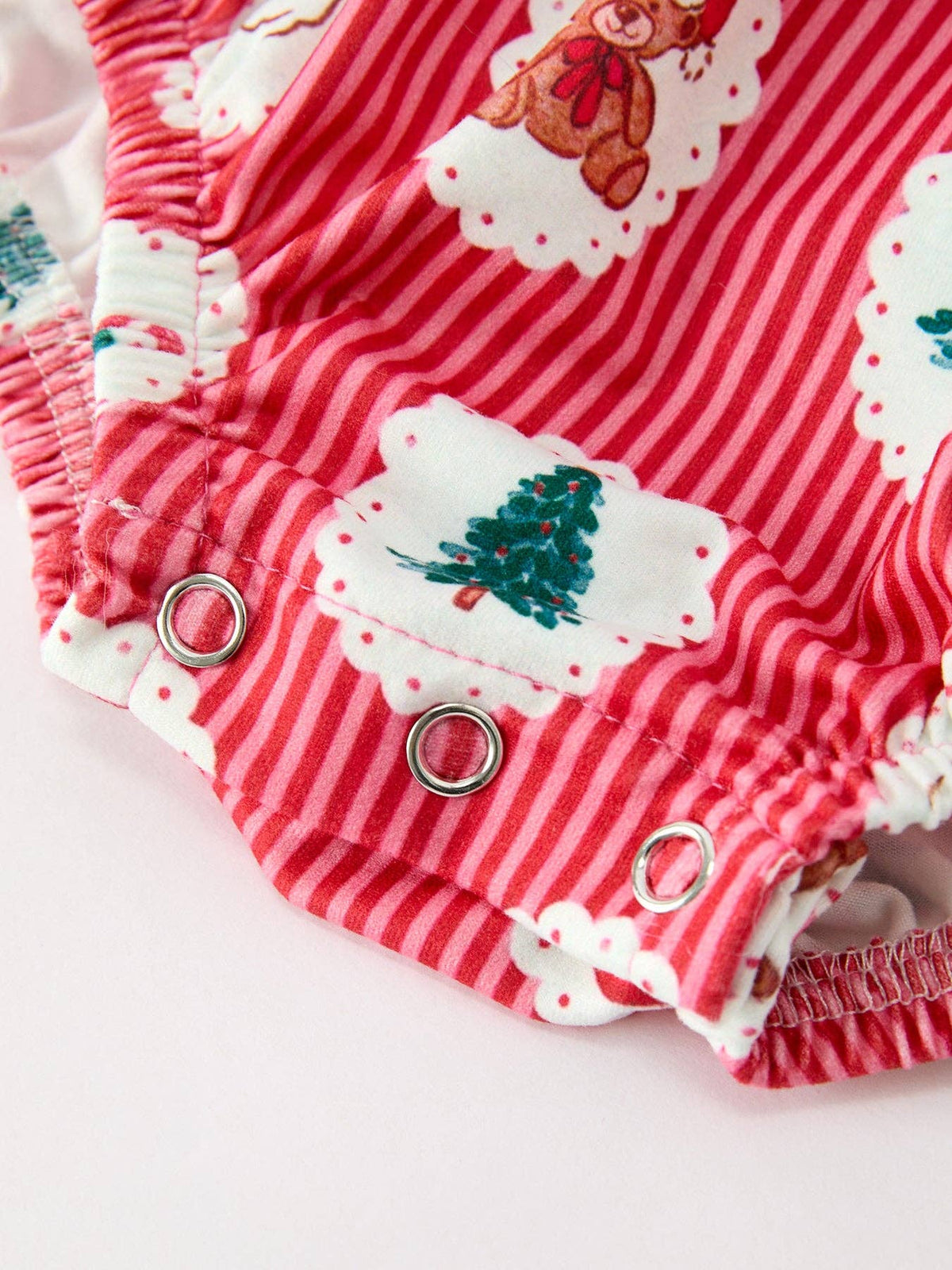 Christmas Santa print ruffle bubble romper with green bows for baby girls