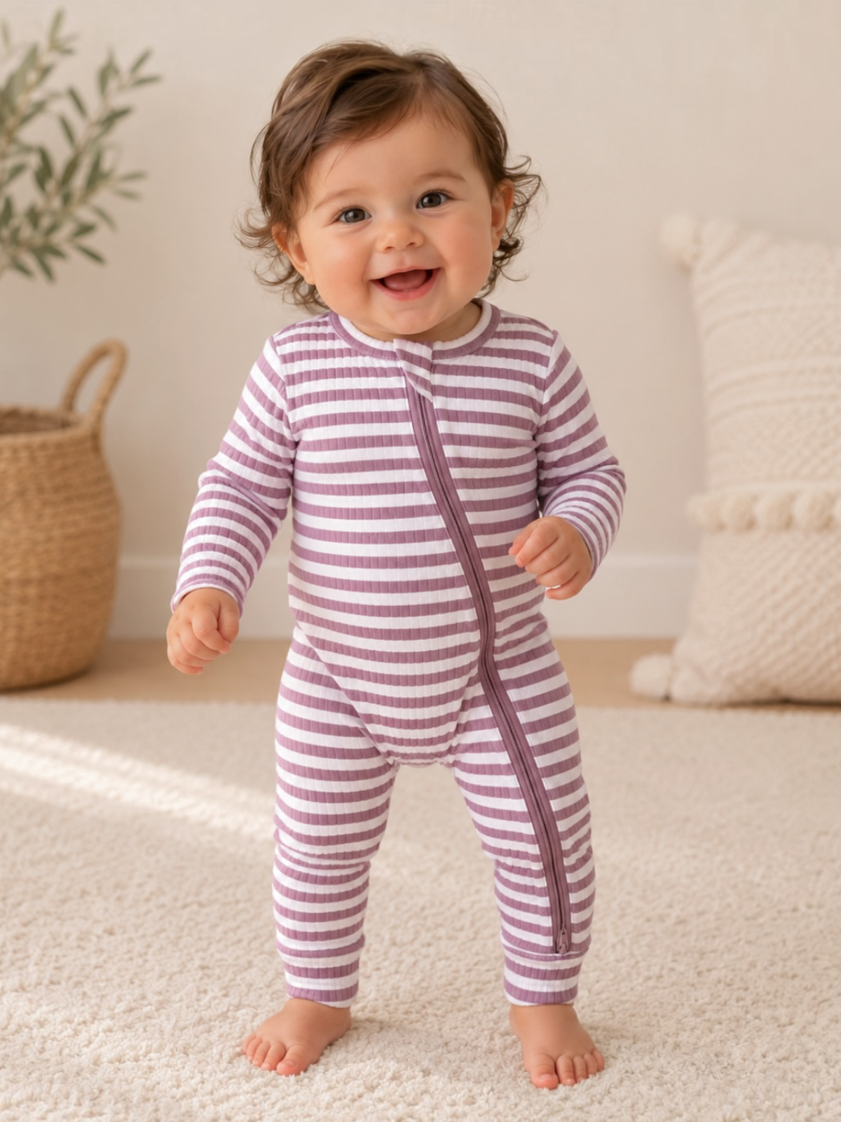 Ribbed Violet Stripe 2-Way Zip Romper