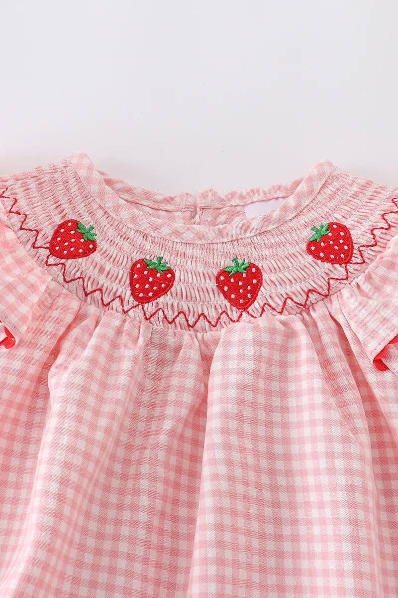 Strawberry Embroidered Plaid Smocked Romper