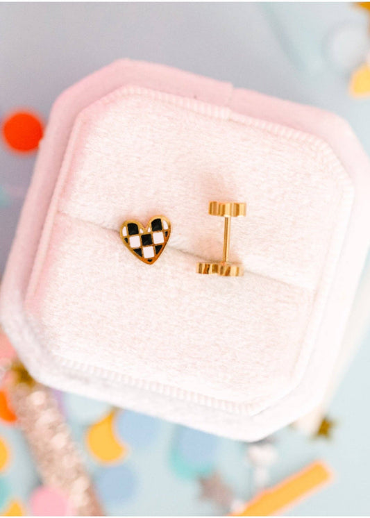 Checkered Heart Flat Back Earrings