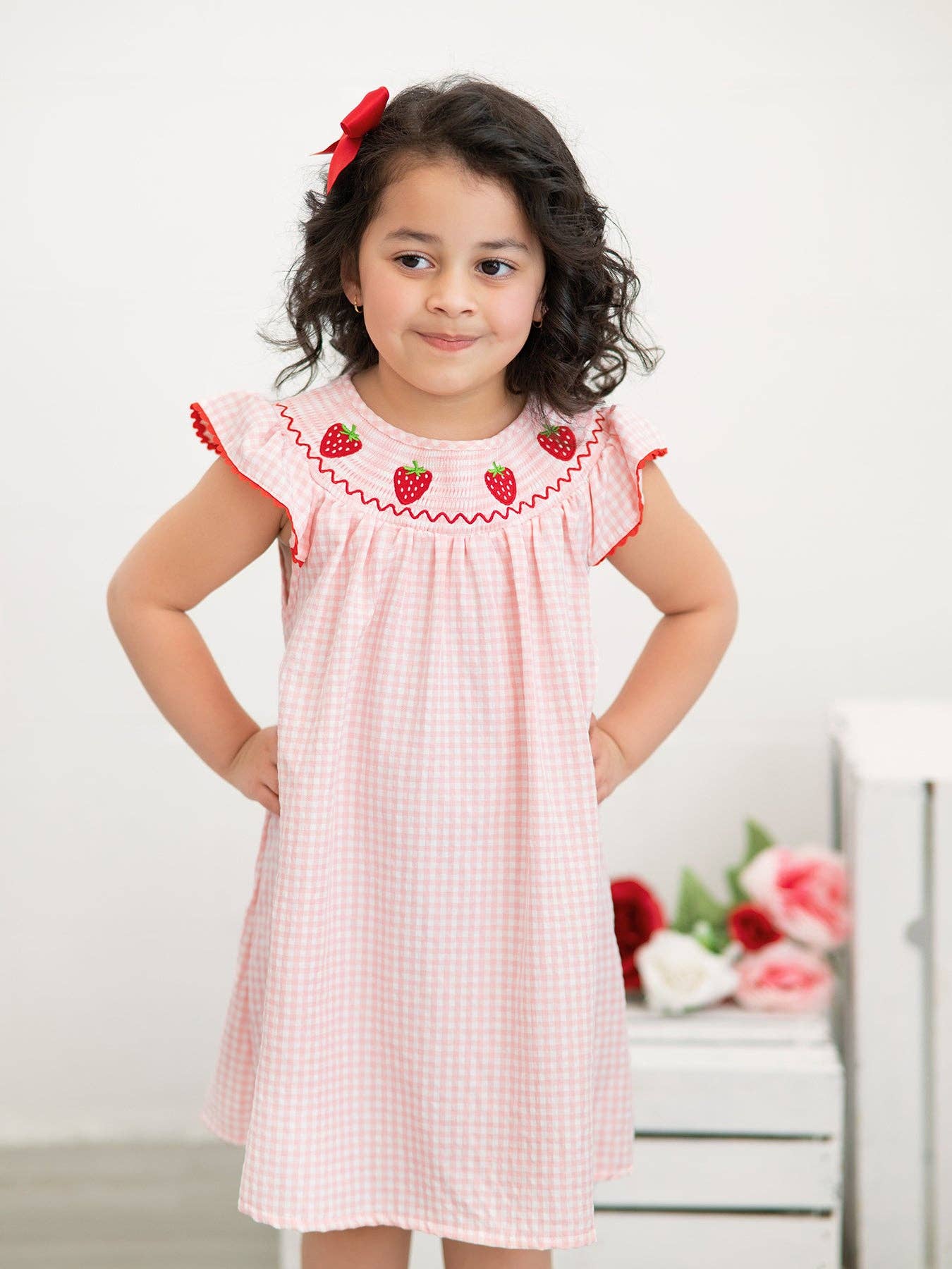Strawberry Embroidered Plaid Smocked Dress