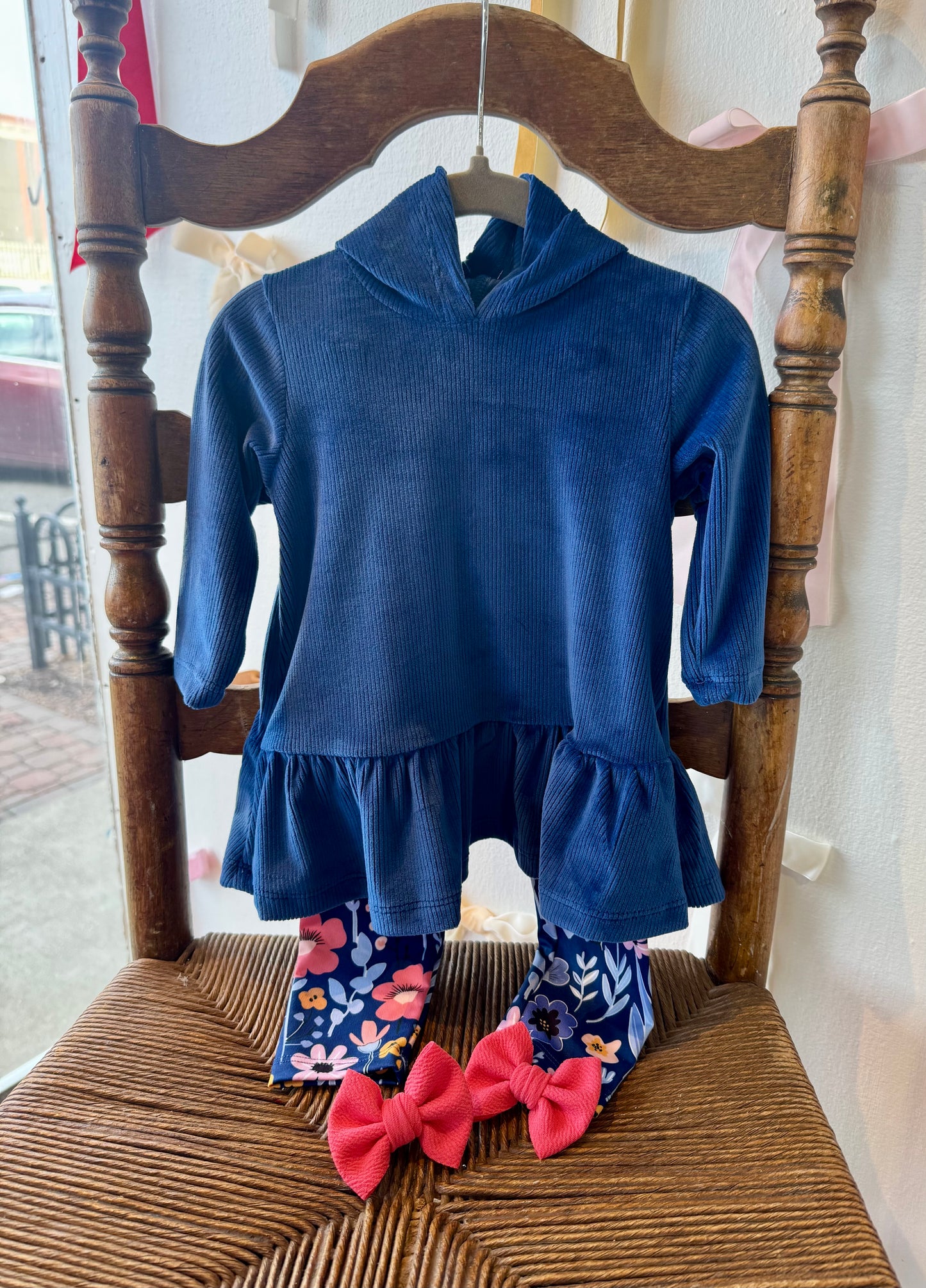 Navy Velour Ruffle-Hem Hooded Tunic & Floral Leggings