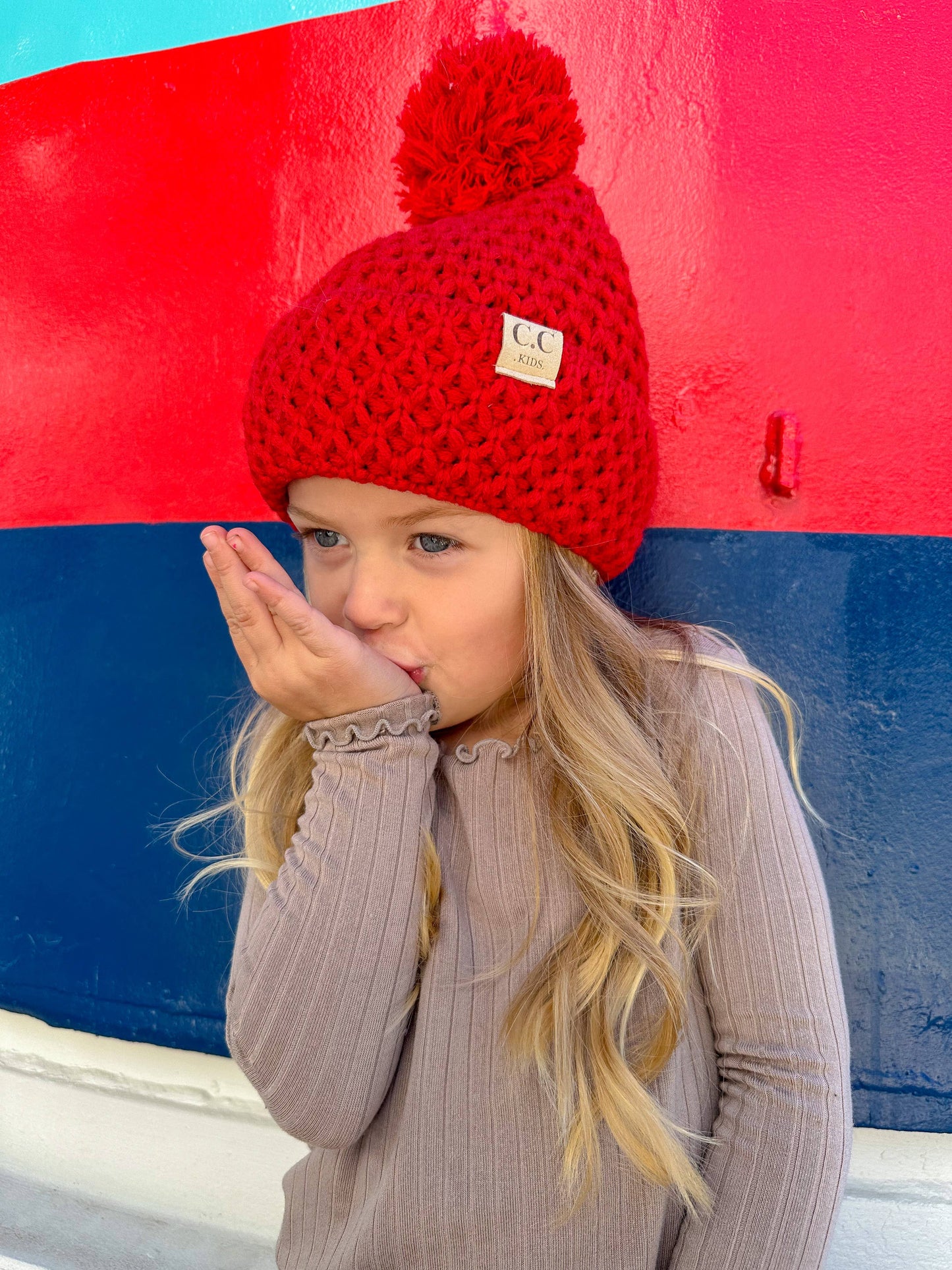 Kids Bee Stitch Beanie with Knit Pom