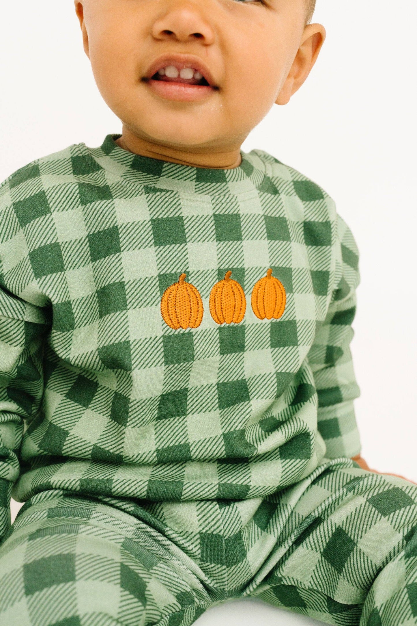 Green Gingham Embroidered Pumpkin Set
