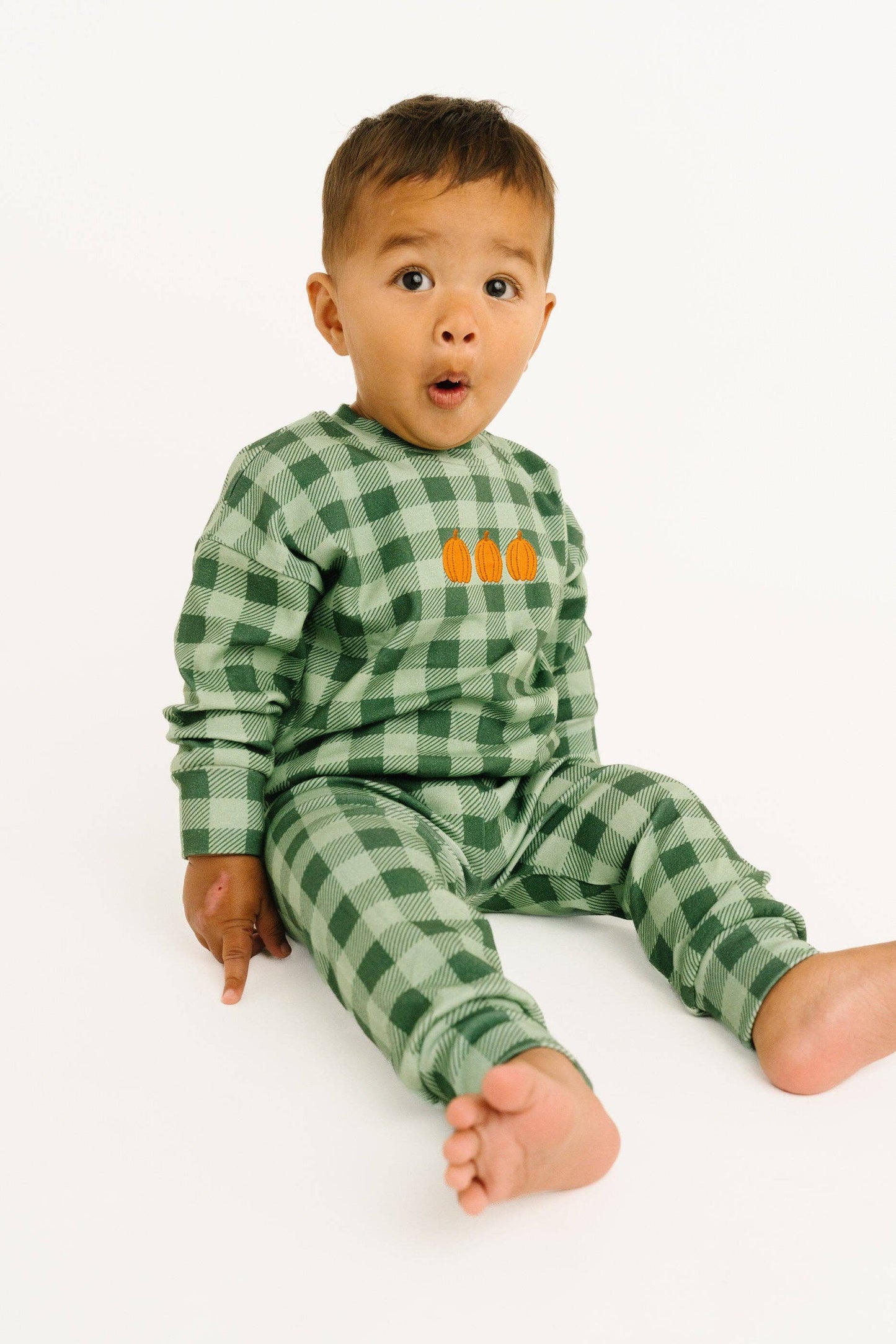 Green Gingham Embroidered Pumpkin Set
