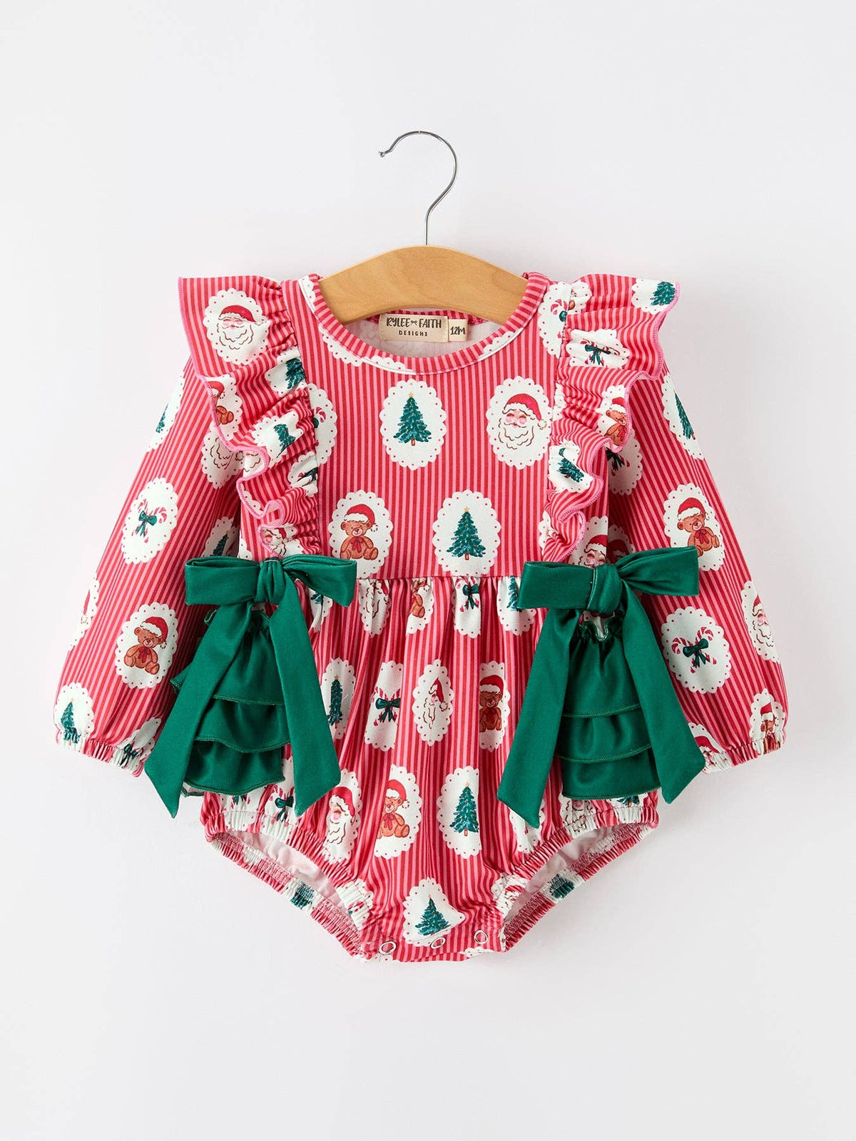 Christmas Santa print ruffle bubble romper with green bows for baby girls