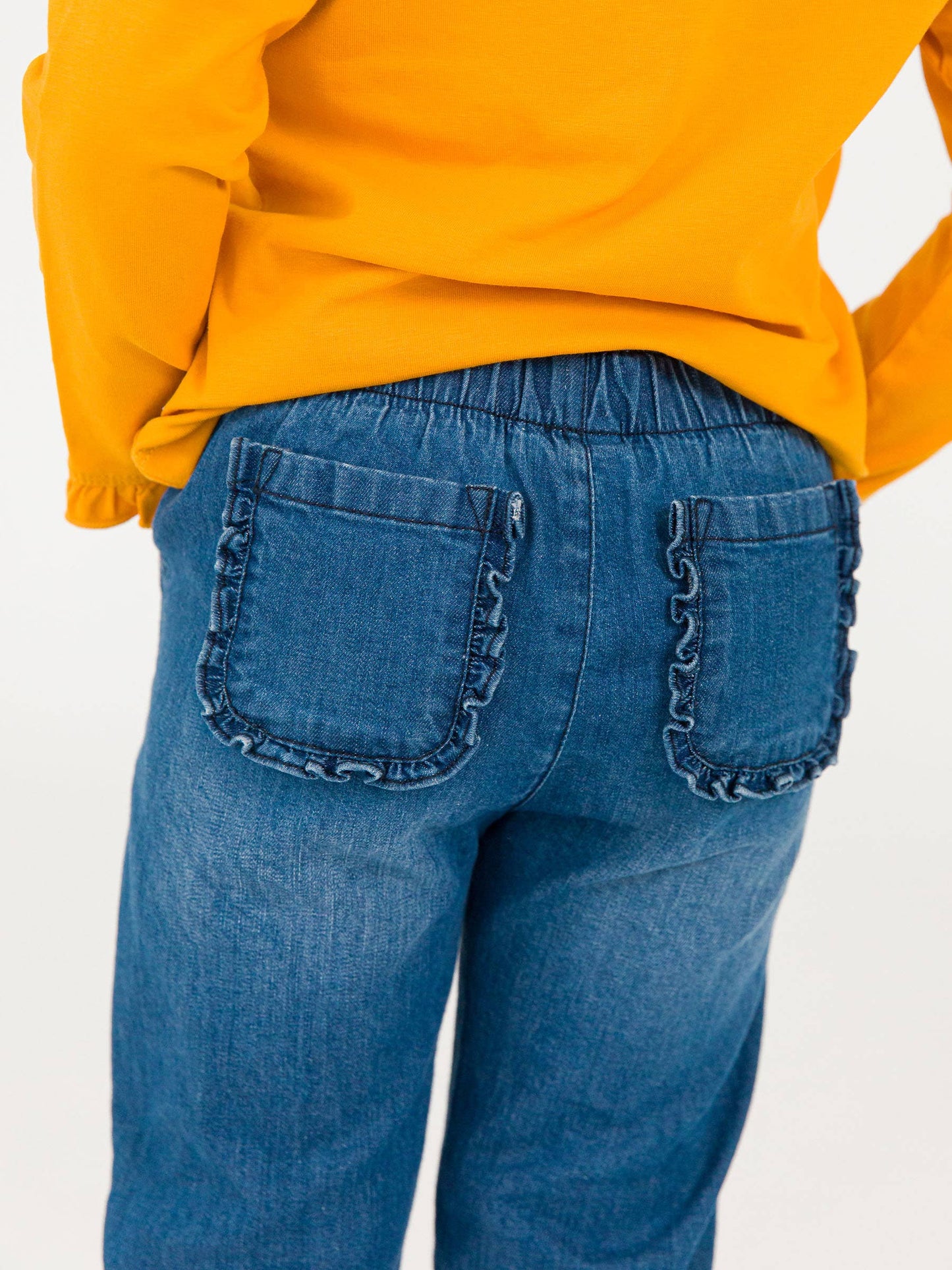 Medium Wash Denim Ruffle Straight Jeans