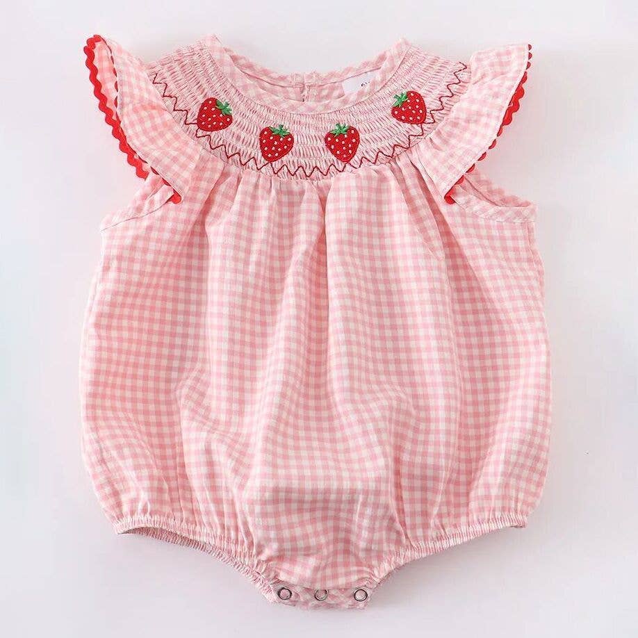 Strawberry Embroidered Plaid Smocked Romper