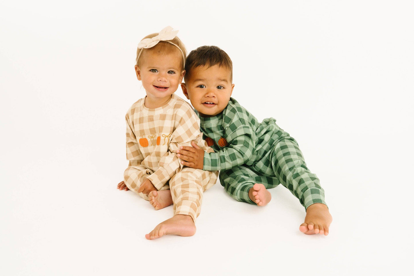 Green Gingham Embroidered Pumpkin Set