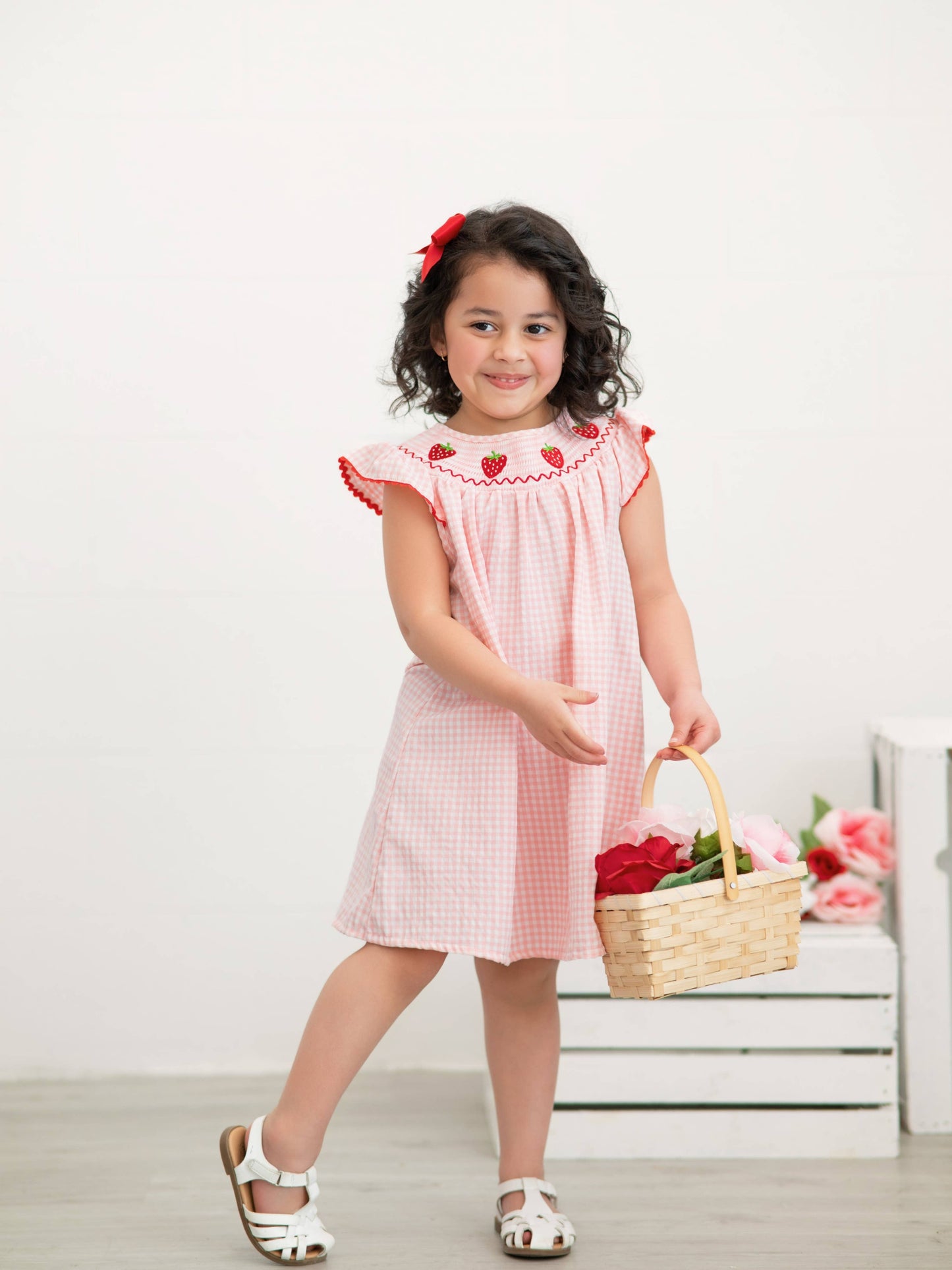 Strawberry Embroidered Plaid Smocked Dress