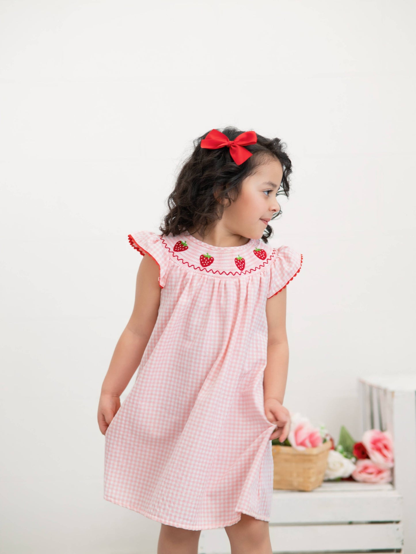 Strawberry Embroidered Plaid Smocked Dress