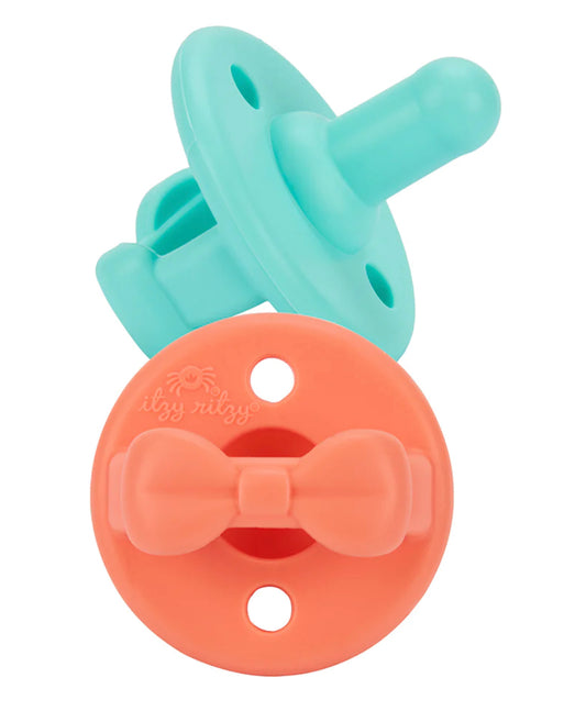 Itzy Ritzy Sweetie Soother Pacifier Set (2 Pack) - Aqua & Peach Bows 0M