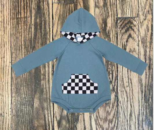 Hooded Blue Checkered Long Sleeve Romper