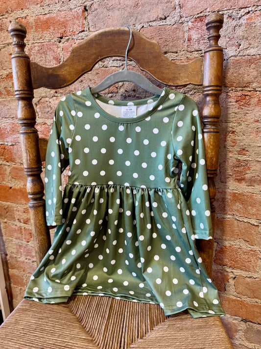 Green Polka Dot Long Sleeve Twirl Dress