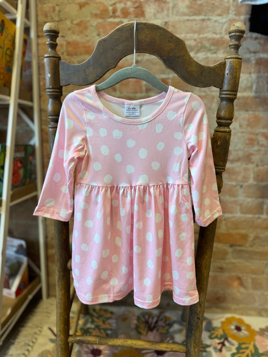 Pink Polka Dot Long Sleeve Twirl Dress