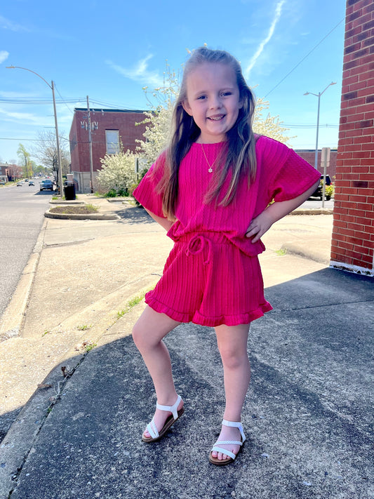 Fuchsia Embossed Ribbed Knit Ruffle Set