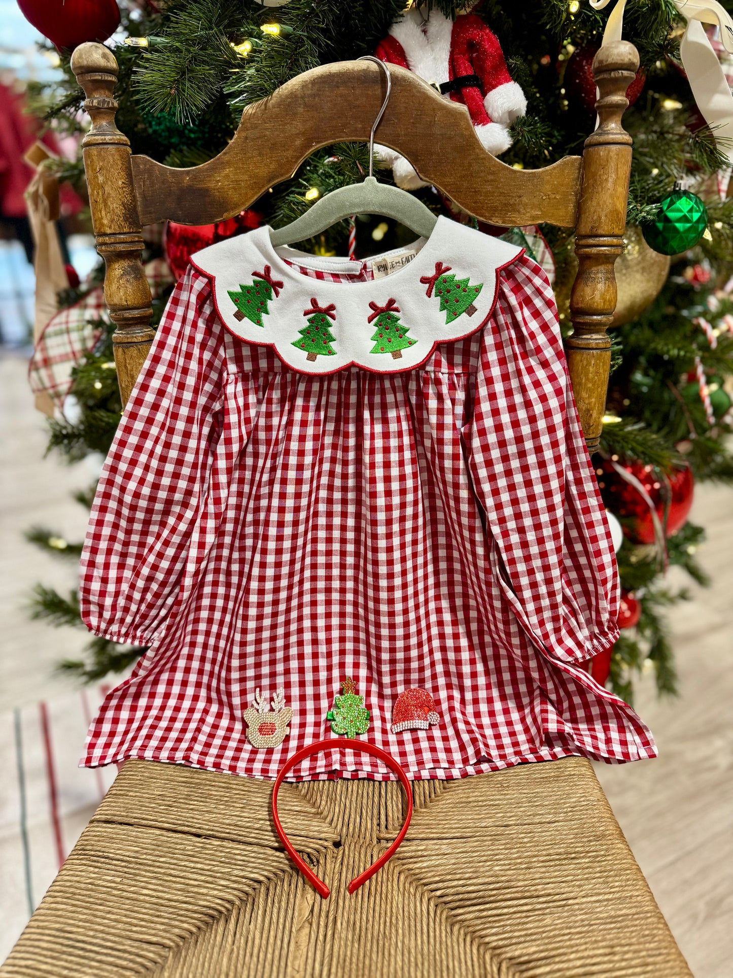 Embroidered Christmas Tree Plaid Dress