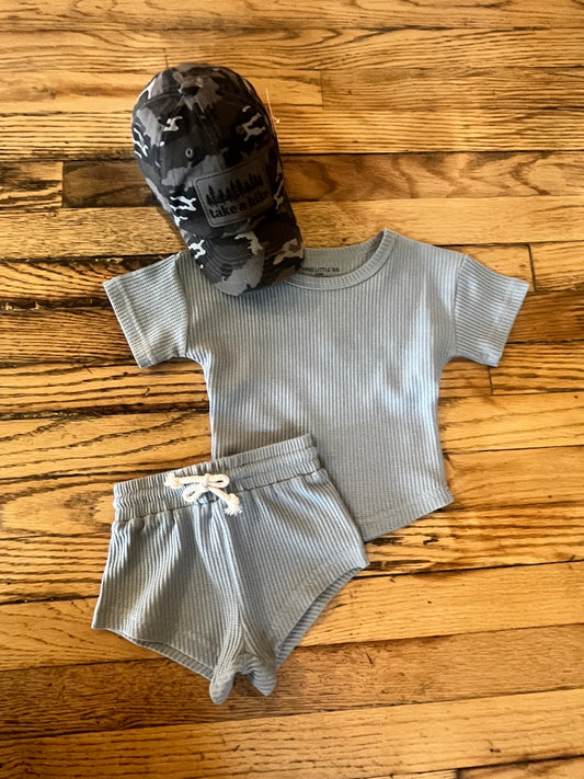 Dusty Blue Waffle Knit Shorts Set