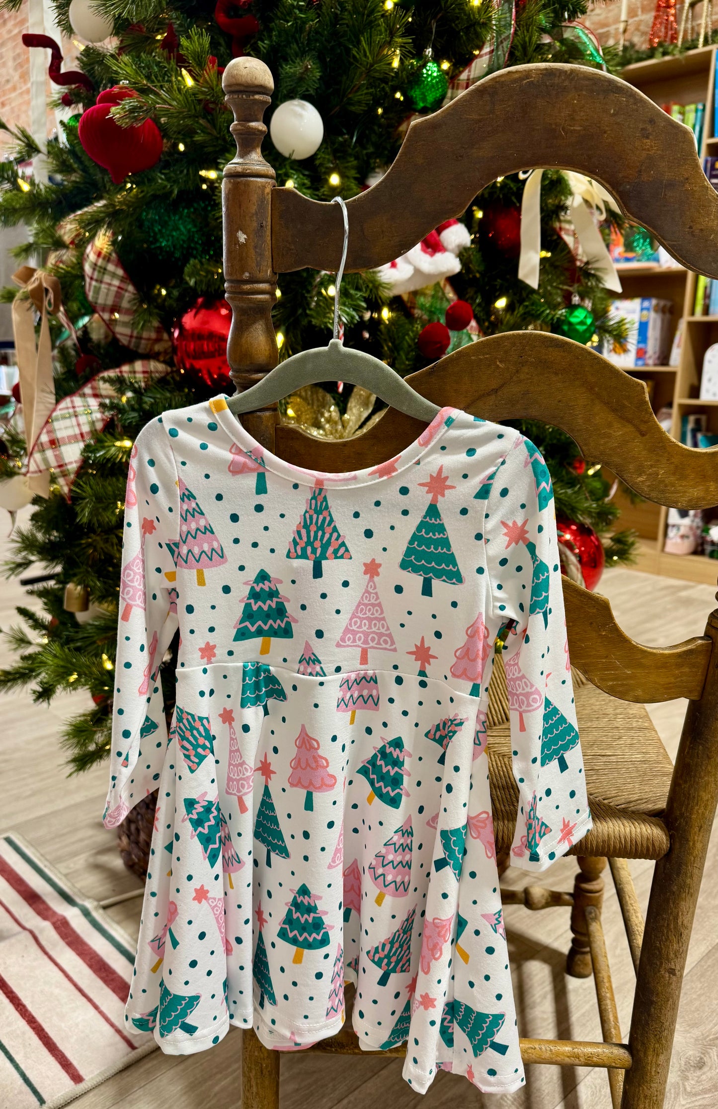 Pink & Green Christmas Tree Twirl Dress