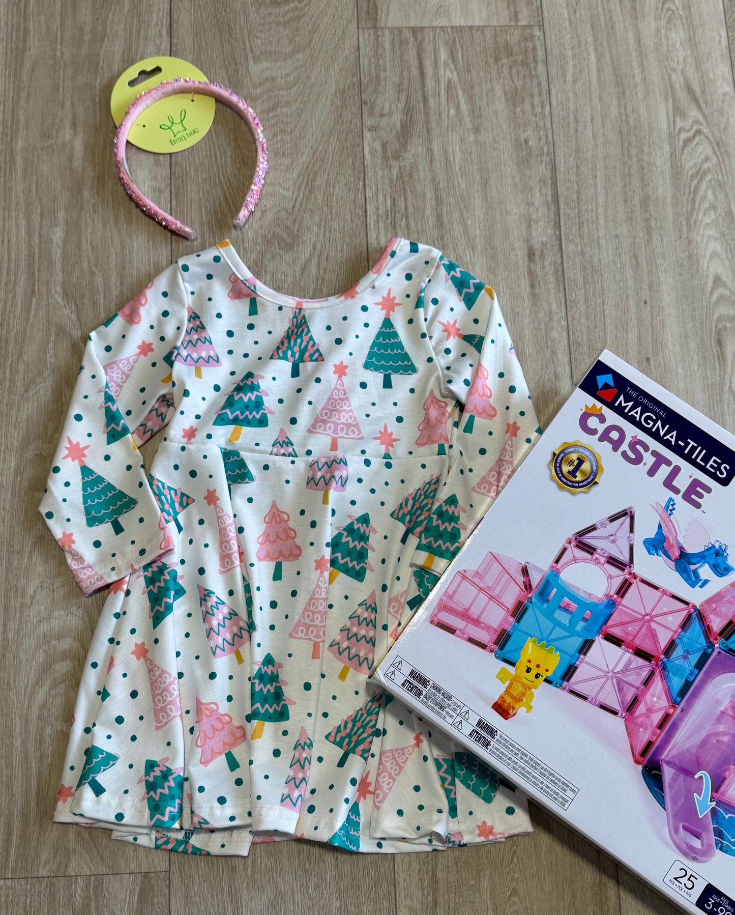 Pink & Green Christmas Tree Twirl Dress