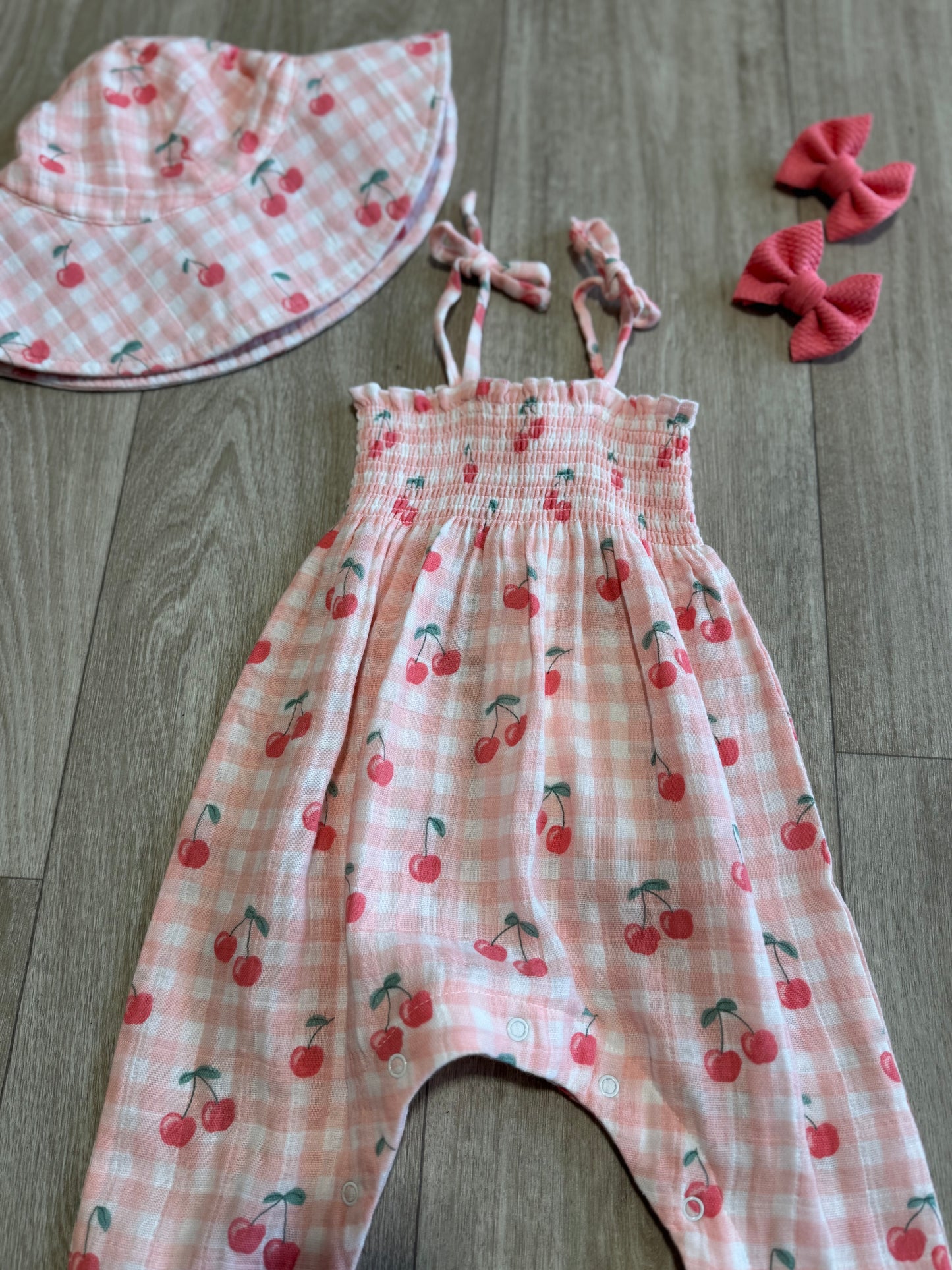 Gingham Cherries Smocked Romper