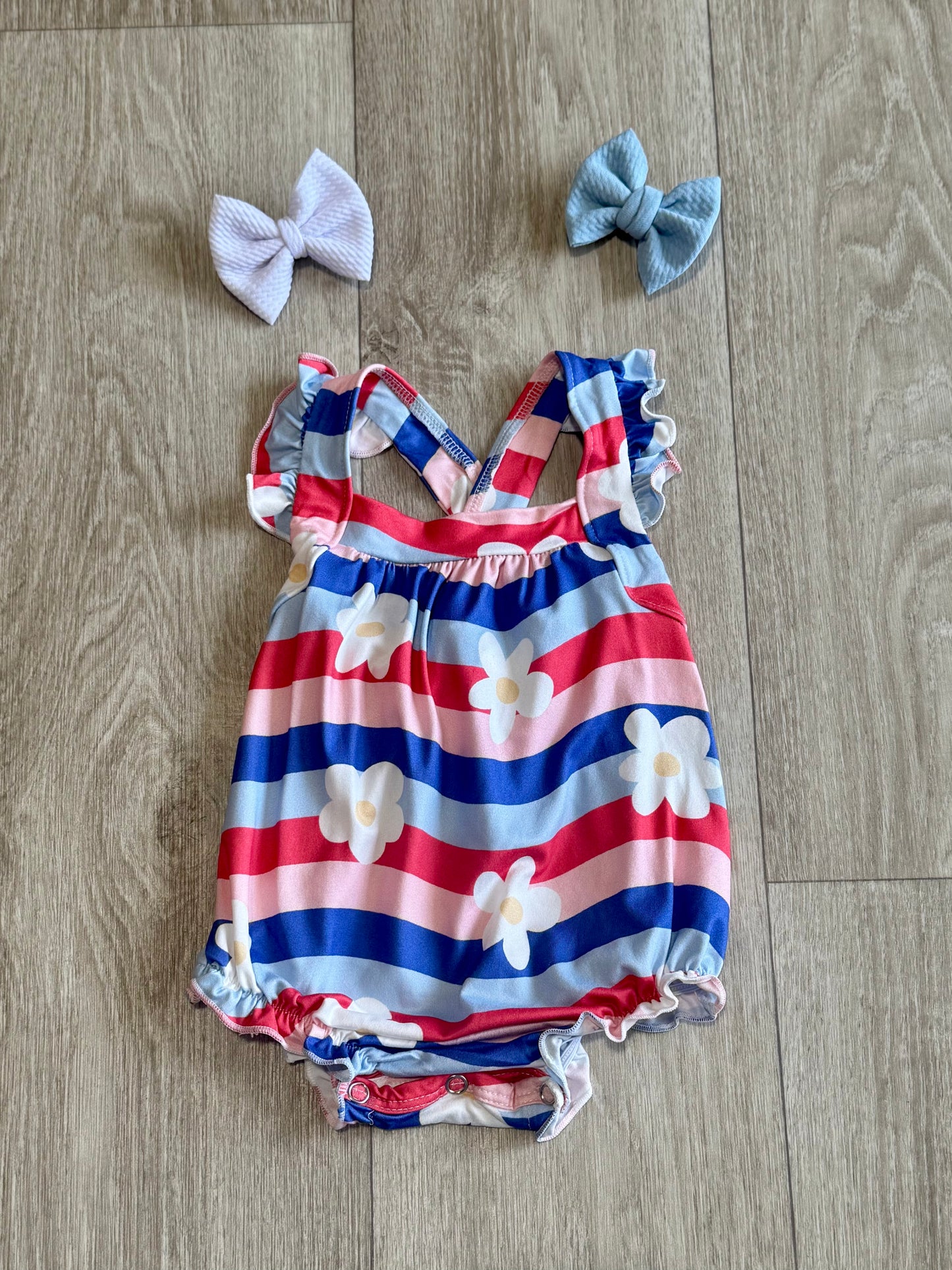 Little Miss Liberty Ruffle Cross Back Romper