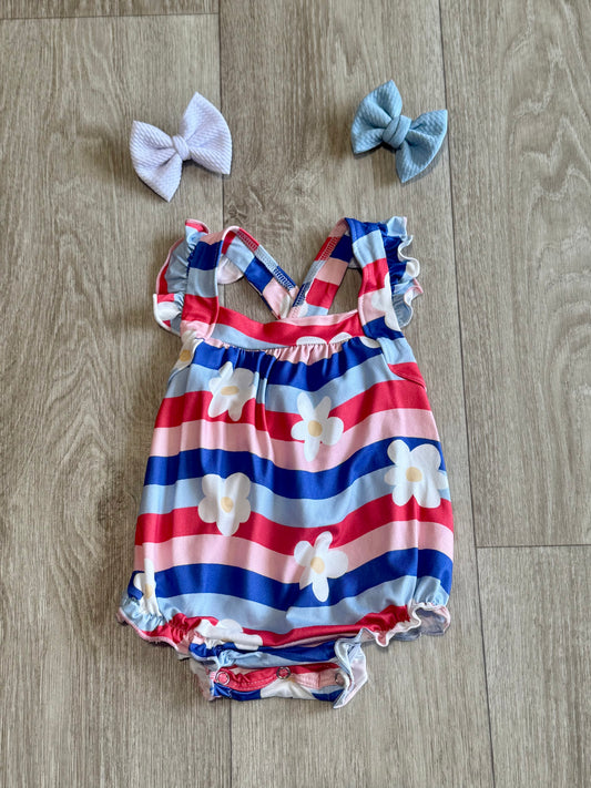 Little Miss Liberty Ruffle Cross Back Romper