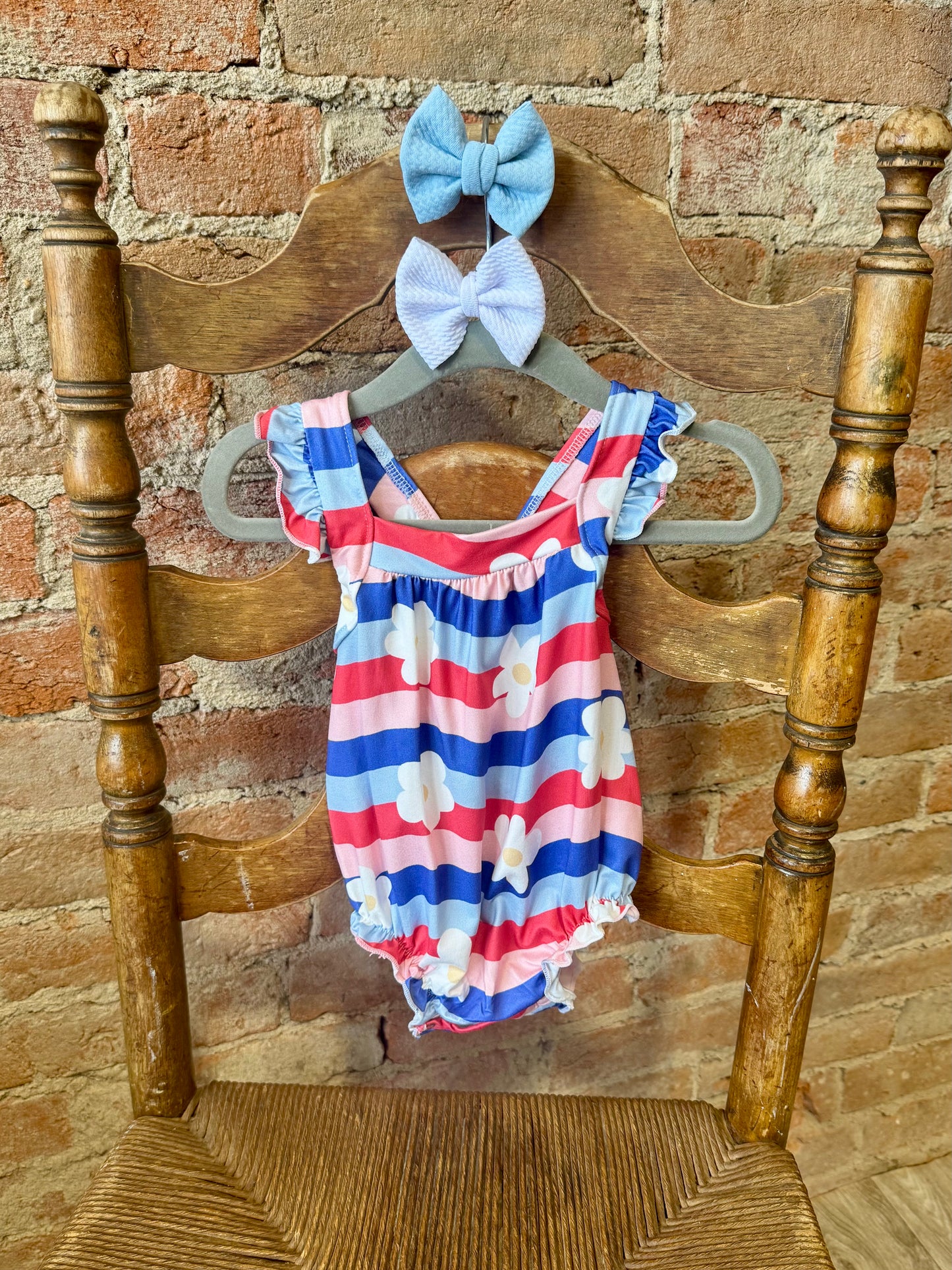 Little Miss Liberty Ruffle Cross Back Romper