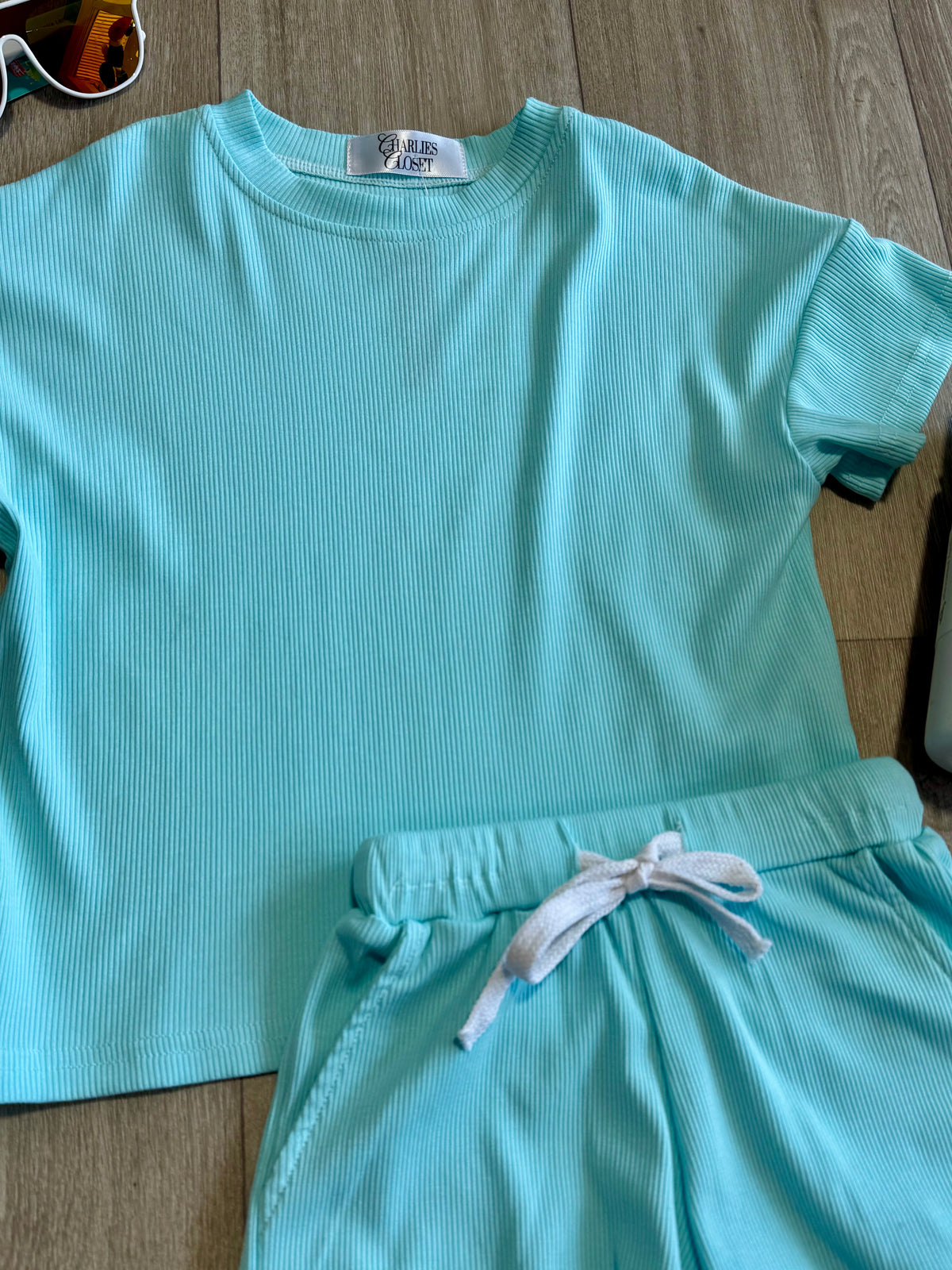 Play All Day aqua ribbed bamboo top and shorts set