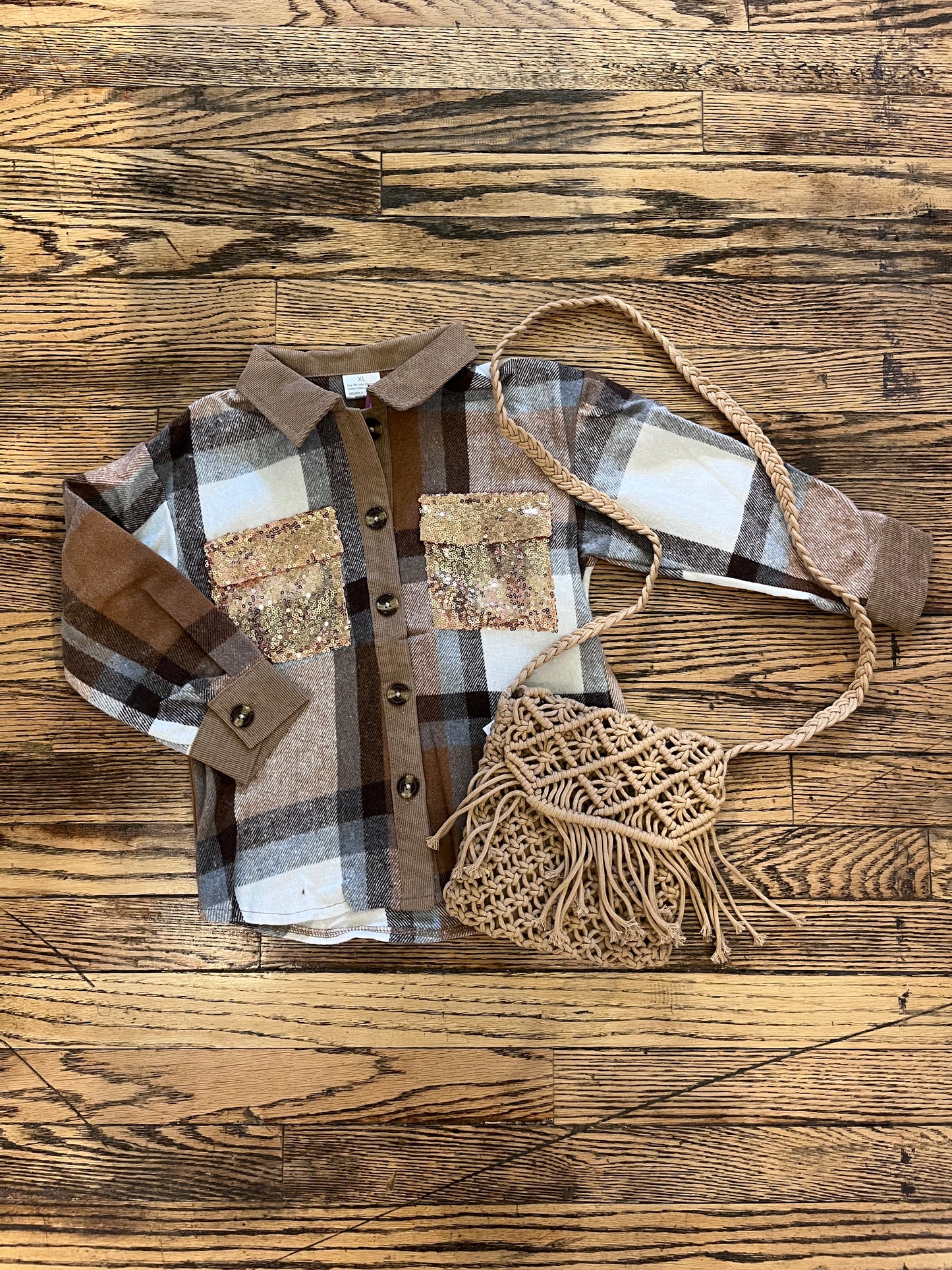 Brown Plaid Shacket with Sequin Pockets